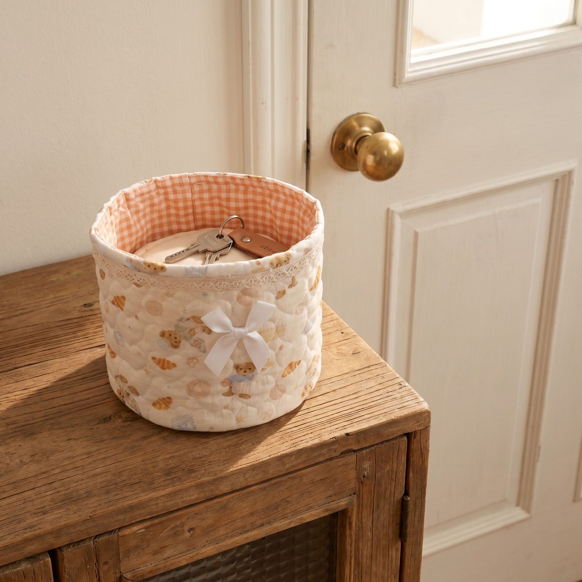 Quilted Round Fabric Storage Basket with Bow and Lace Trim