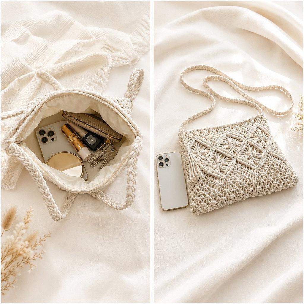 Macrame Crossbody Bag with Zip Closure and Interior Slip Pocket