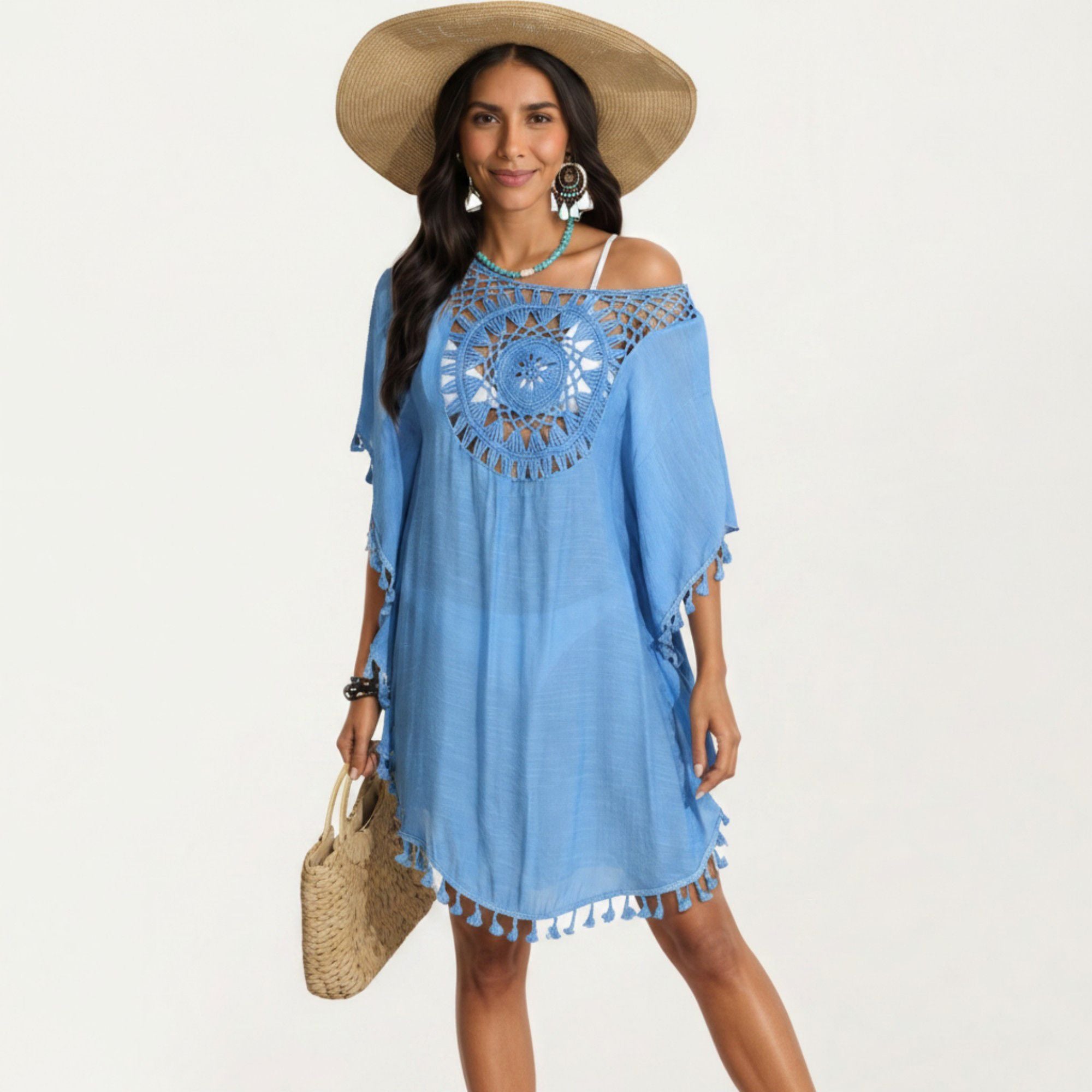 Anna-Kaci Women's Crochet Medallion Swim Cover Up Dress with Tassel Trim and Relaxed Boho Silhouette