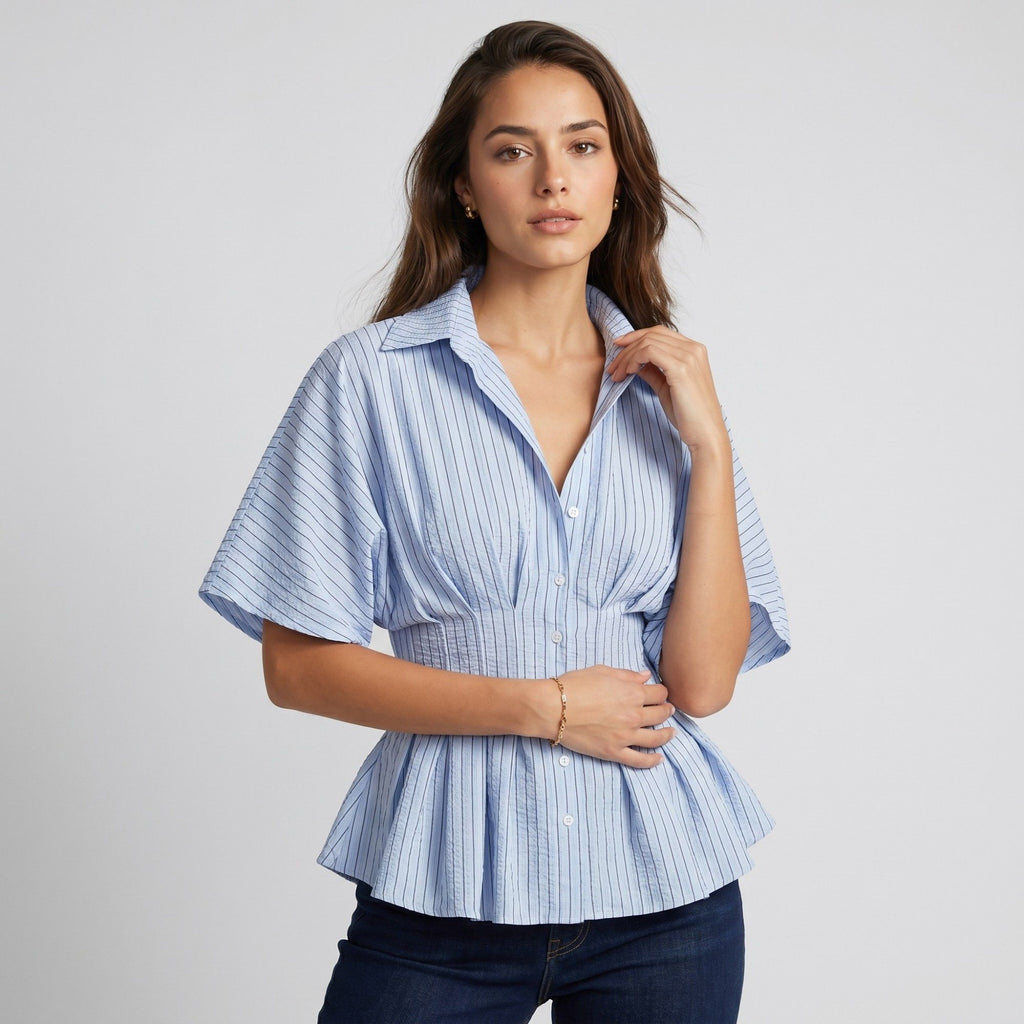 Anna-Kaci Women's Striped Button Front Peplum Blouse with Collared Neck and Pleated Hem