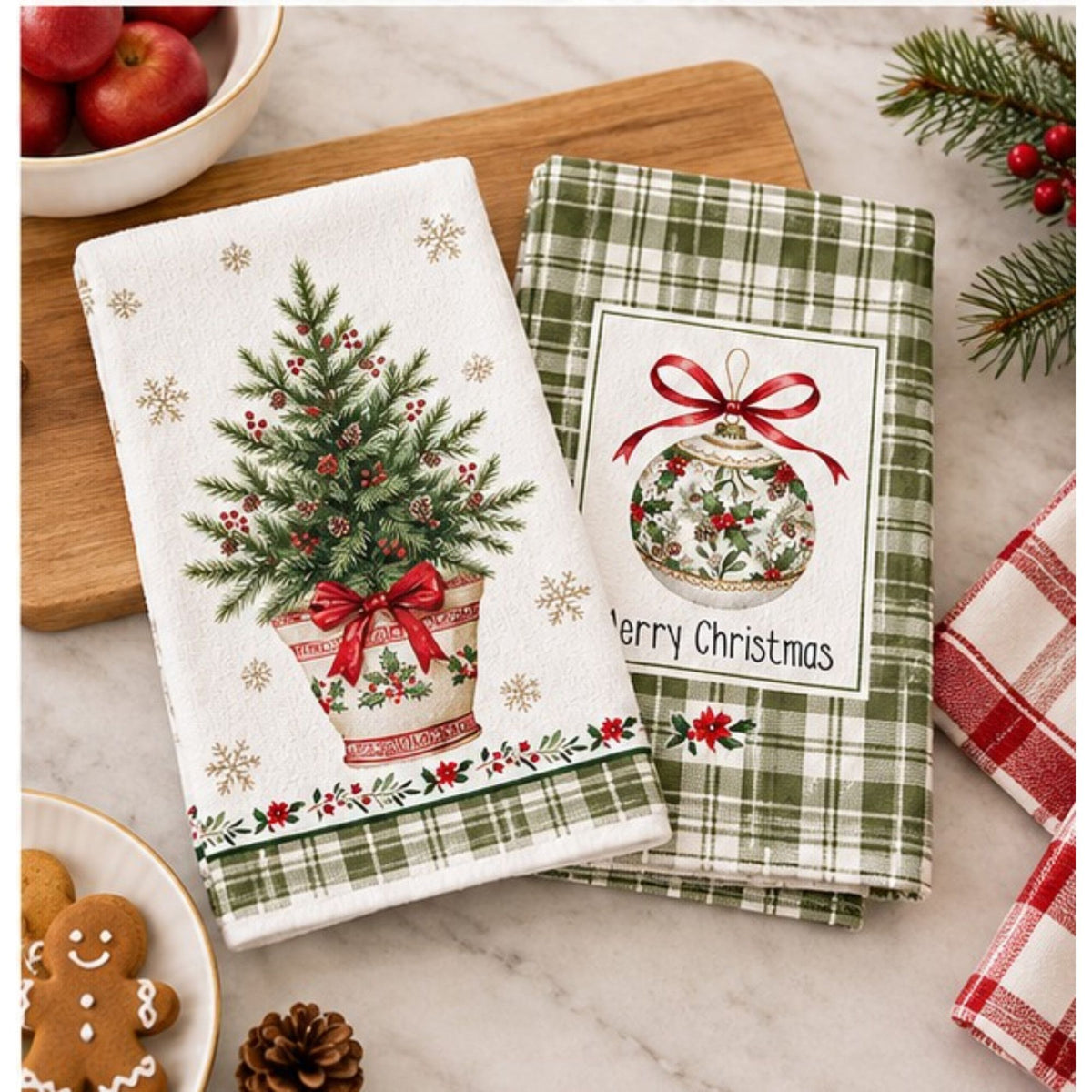 2-Pack Christmas Kitchen Towels 15.7x23.6in, Green Tree & Ornament Microfiber Towels