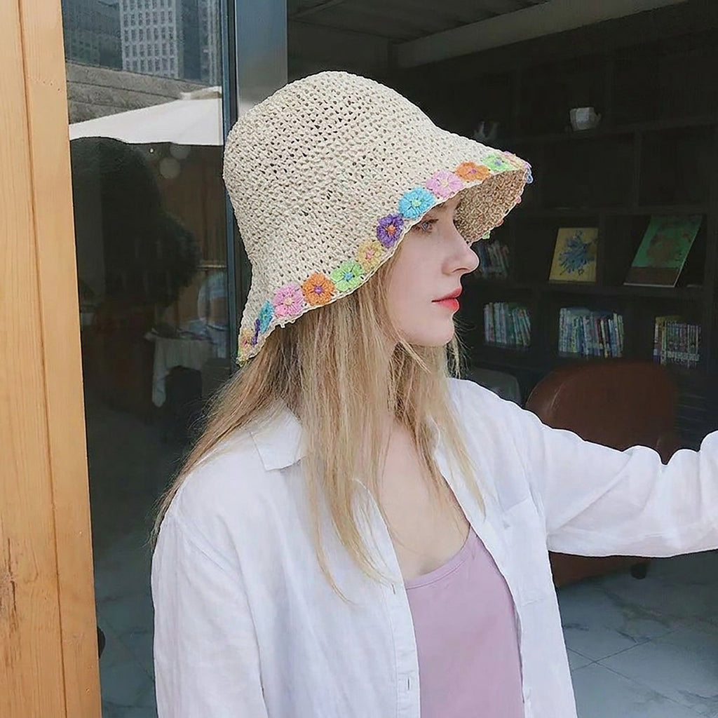 Crochet Bucket Sun Hat with Floral Applique Trim and Soft Brim Design