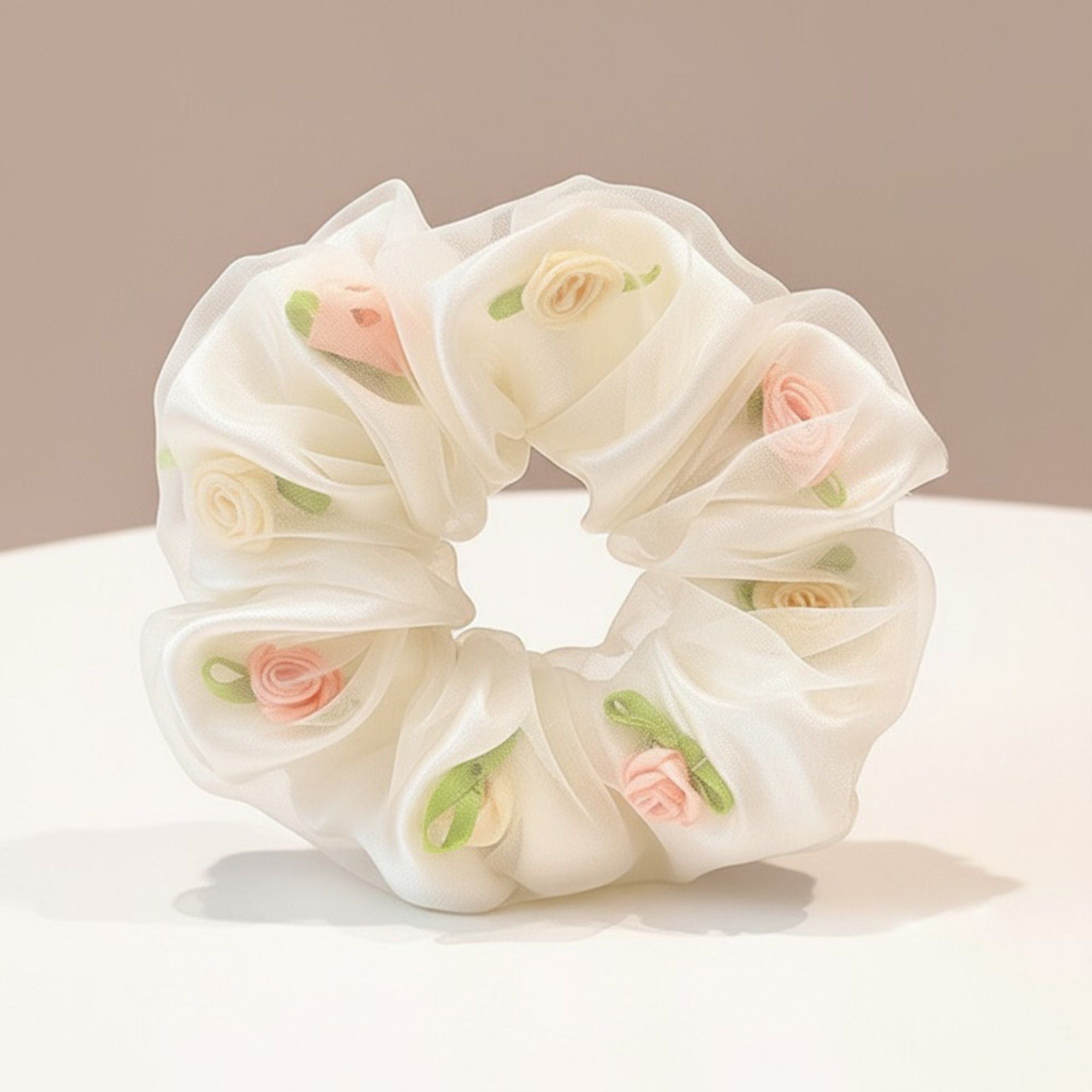 Anna-Kaci 2pcs Sheer Organza Scrunchie with Embroidered Mini Roses and Soft Layered Design