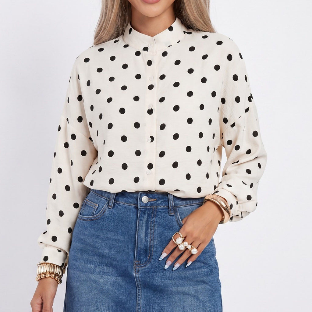 Polka Dot Button Front Blouse Band Collar Relaxed Fit Long Sleeve Shirt