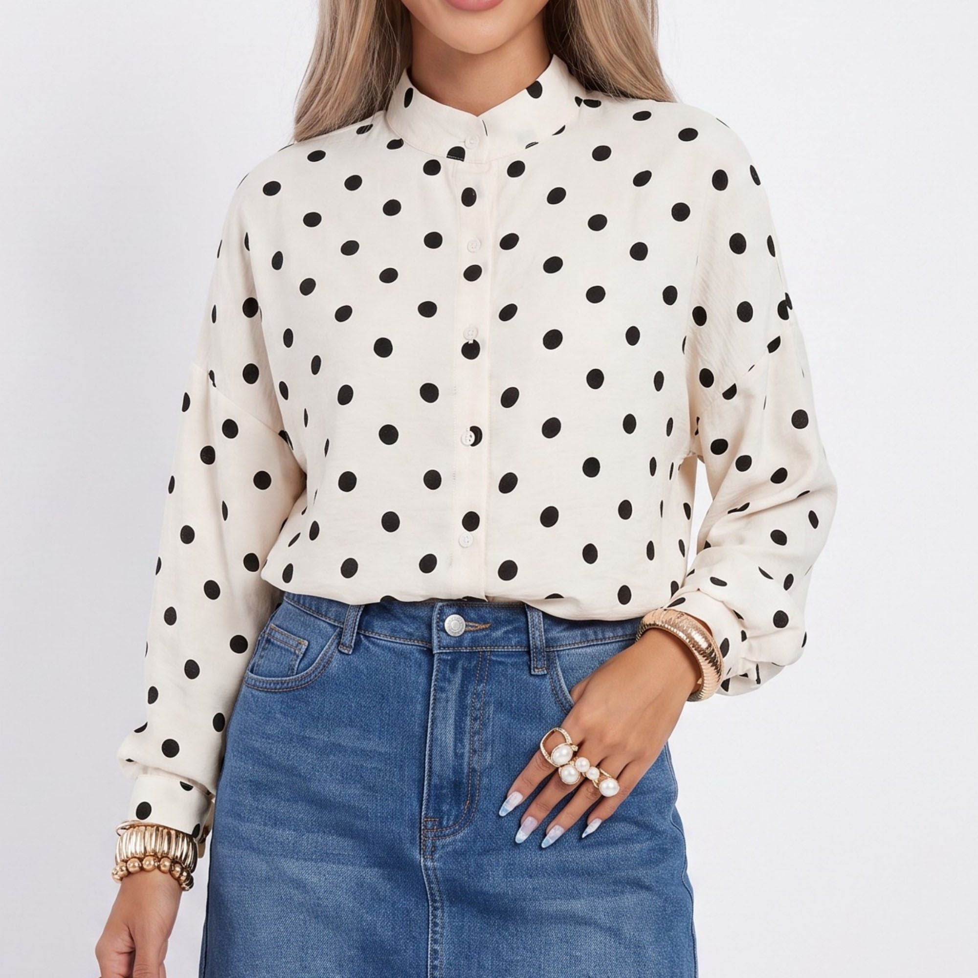 Polka Dot Button Front Blouse Band Collar Relaxed Fit Long Sleeve Shirt