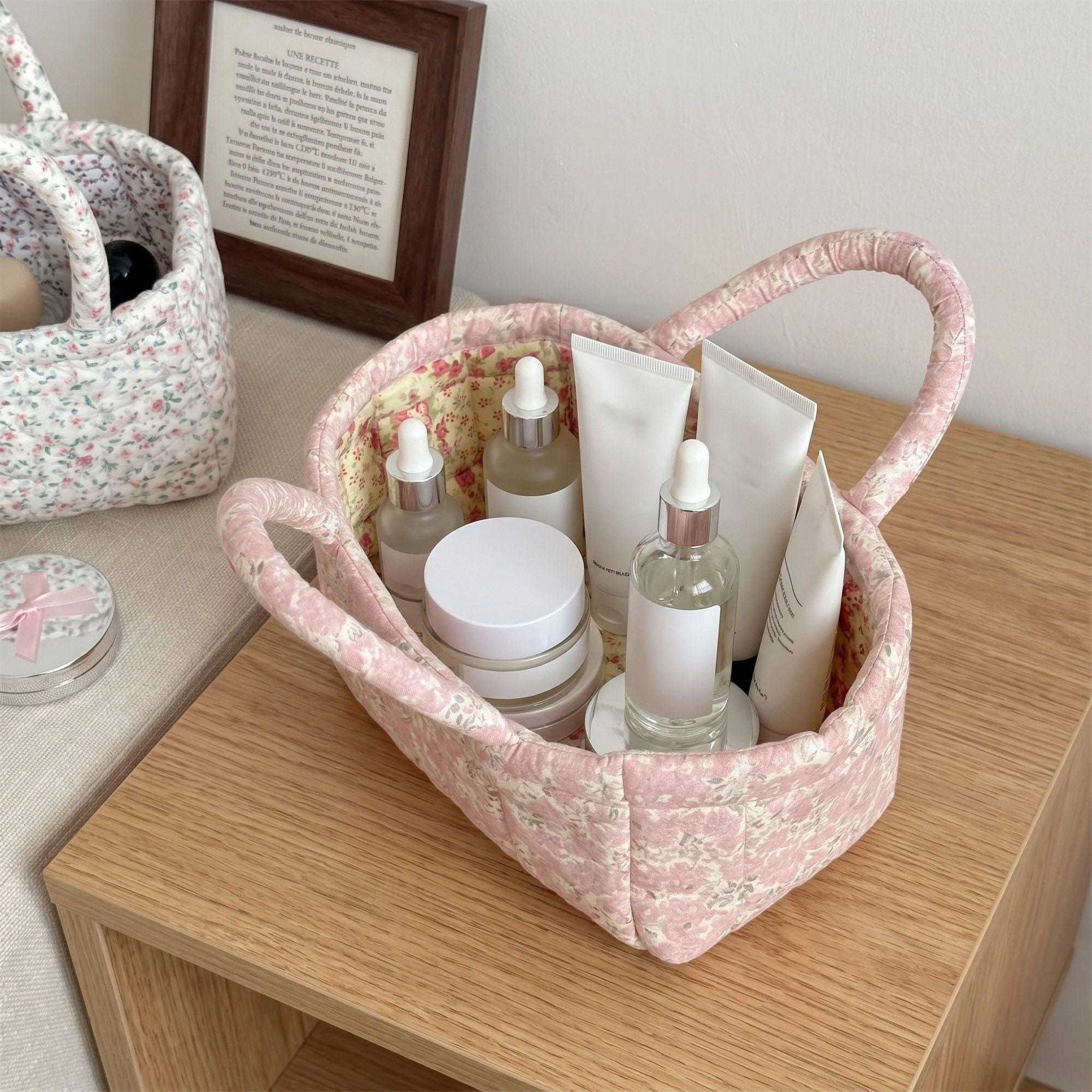 Quilted Floral Storage Basket with Handles for Home Organization