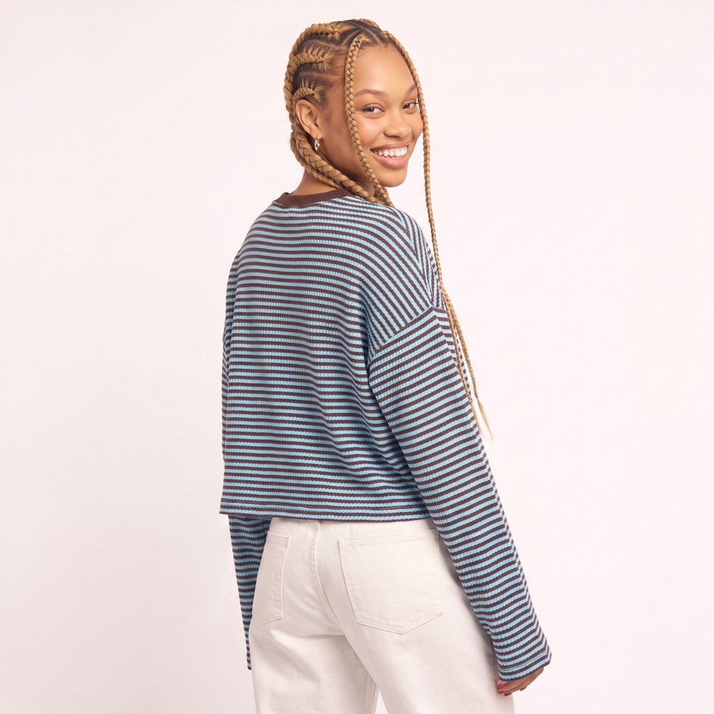 Striped Textured Knit Drop Shoulder Cropped Sweater