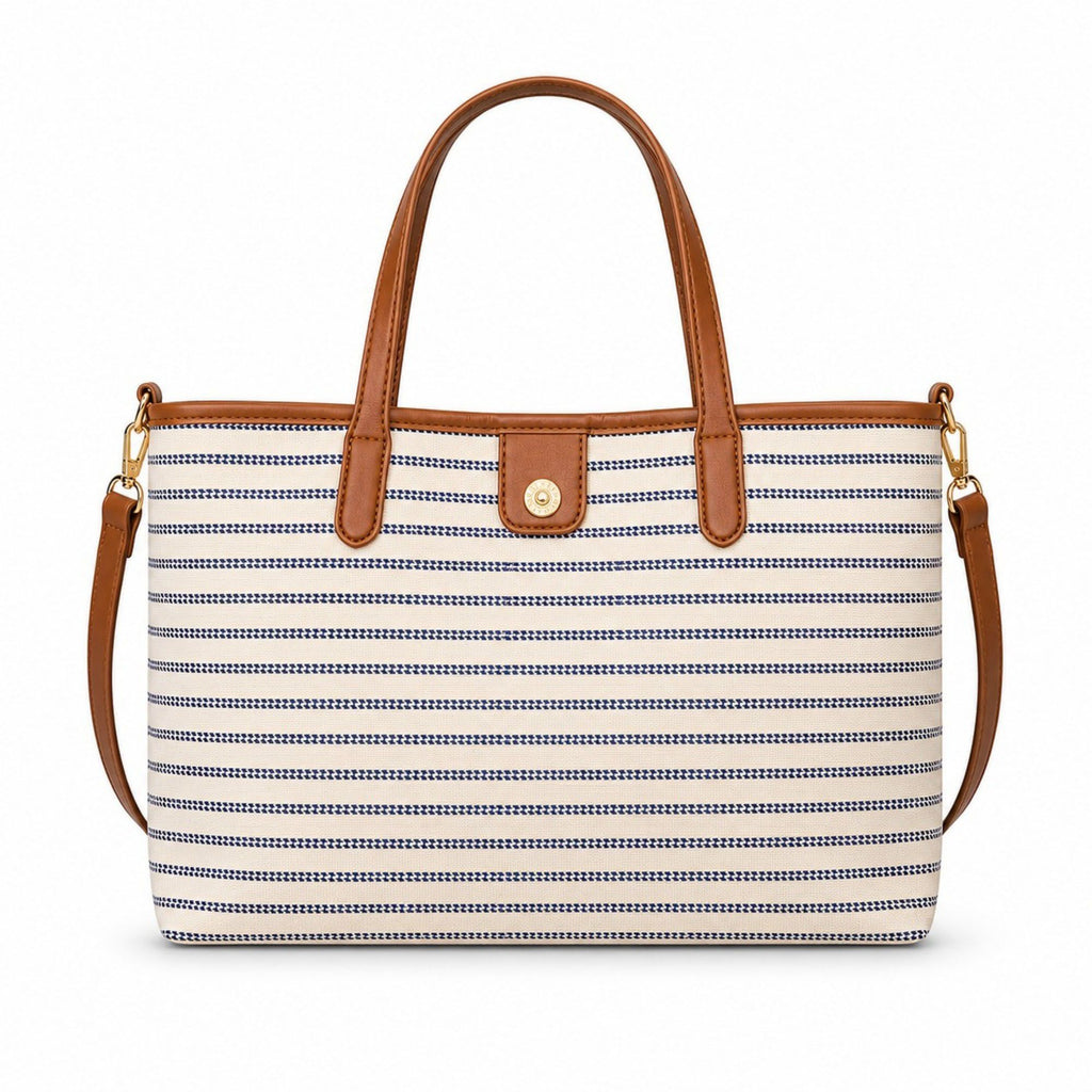 Striped Canvas Tote Bag with Faux Leather Trim and Large Capacity