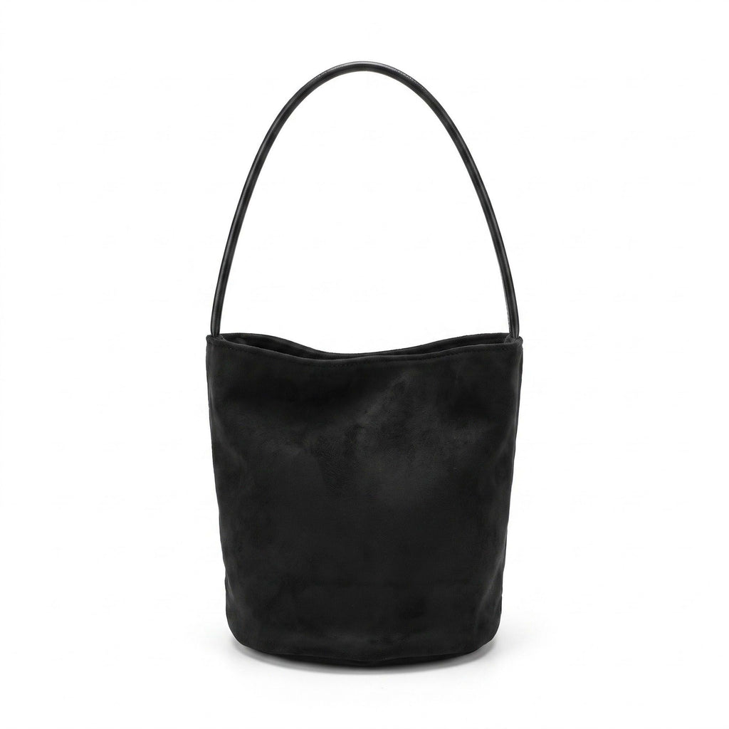 Suede-Look Bucket Shoulder Bag with Long Strap and Soft Structured Shape 9x7.5x6.5in
