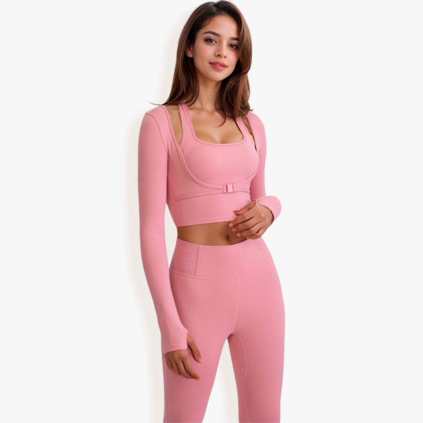 Long Sleeve Cropped Sports Top with Buckle Detail