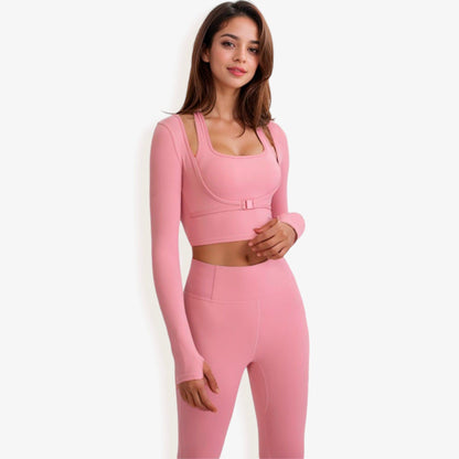 Long Sleeve Cropped Sports Top with Buckle Detail