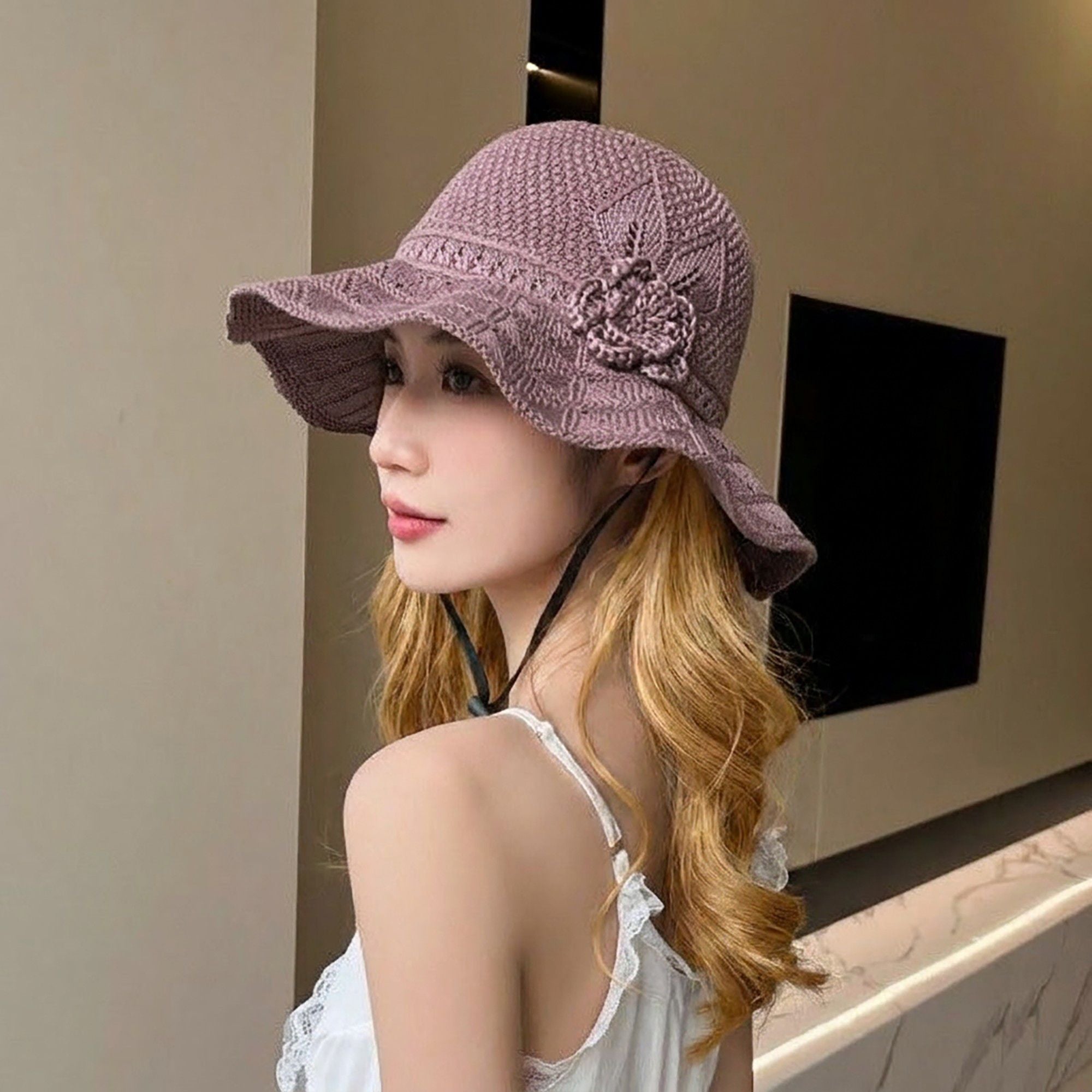 Crochet Wide Brim Sun Hat with Floral Accent Scalloped Edge and Chin Strap