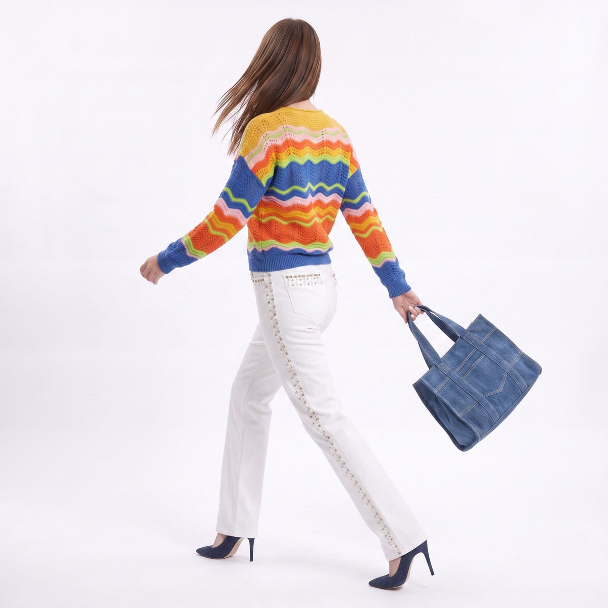 Multicolor Wave Stripe Openwork Knit Long Sleeve Pullover Sweater