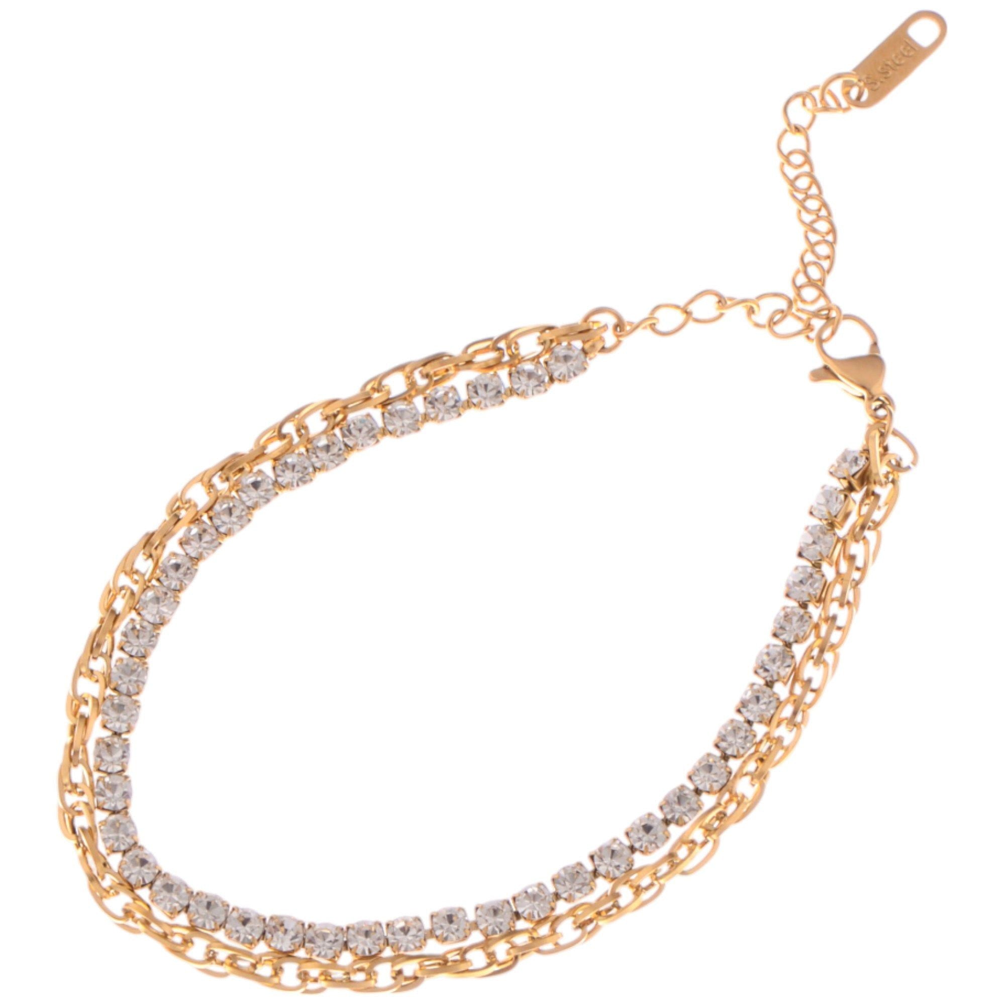 Dual Chain Rhinestone Fashion Bracelet with Gold Tone Finish