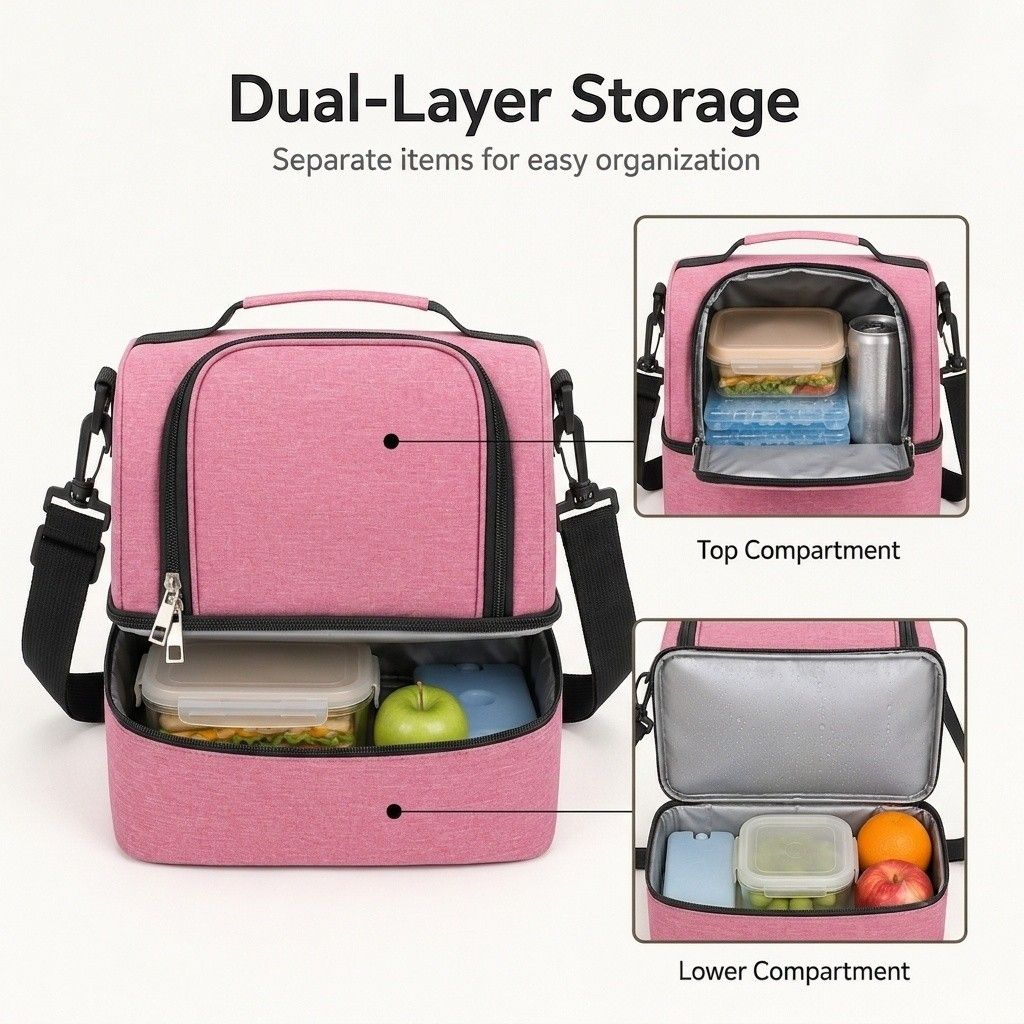 Dual Compartment Insulated Lunch Bag with Adjustable Shoulder Strap