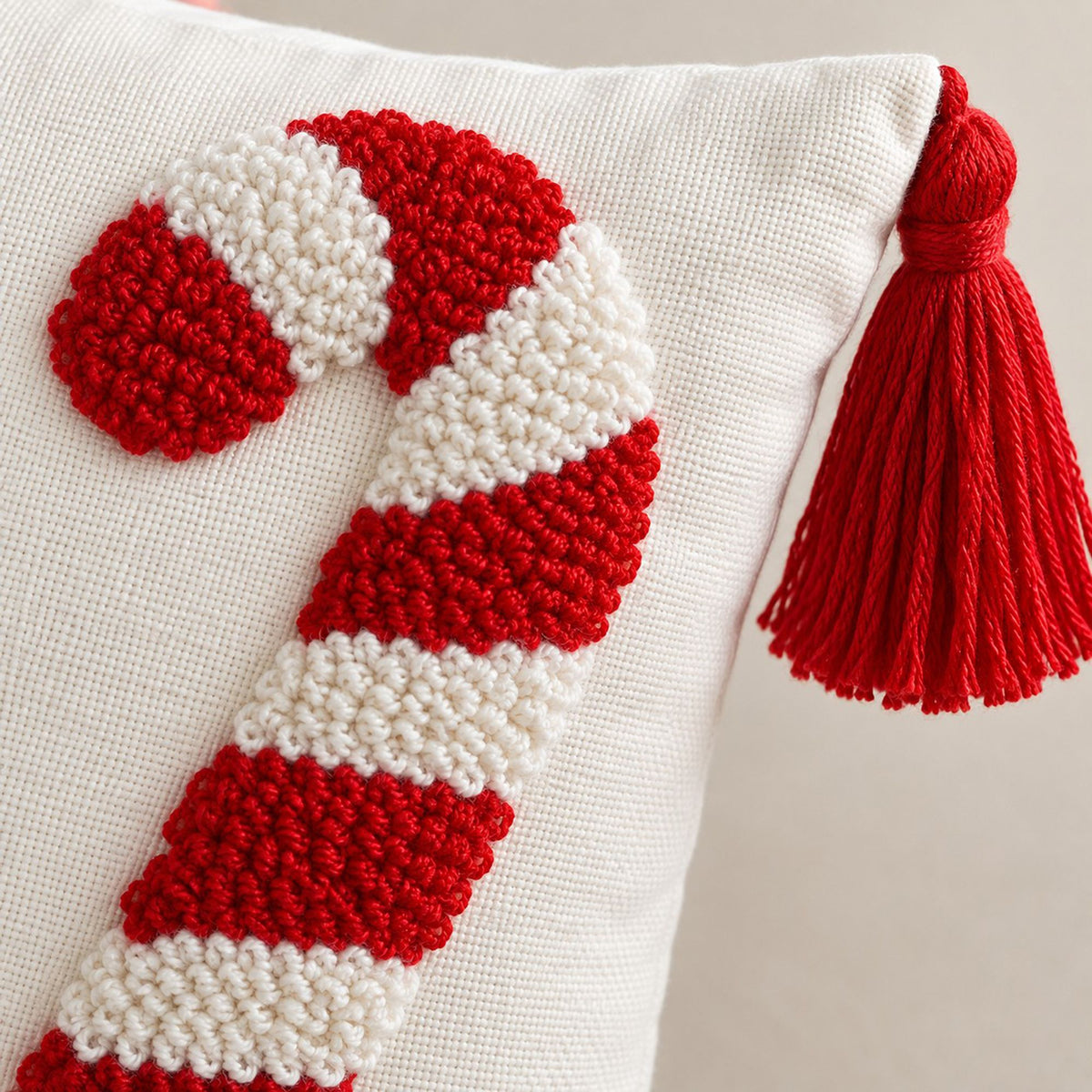 Christmas Candy Cane Tufted Tassel Throw Pillow Cover