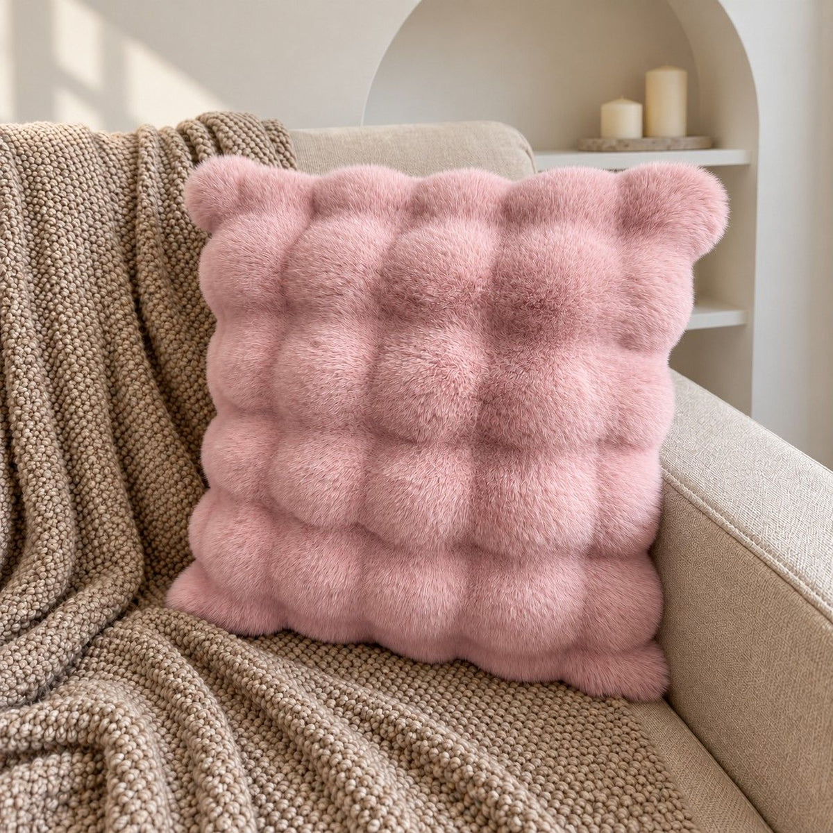 Double Sided Plush Faux Fur Throw Pillow Cover 18 x 18 Inch Bubble Texture