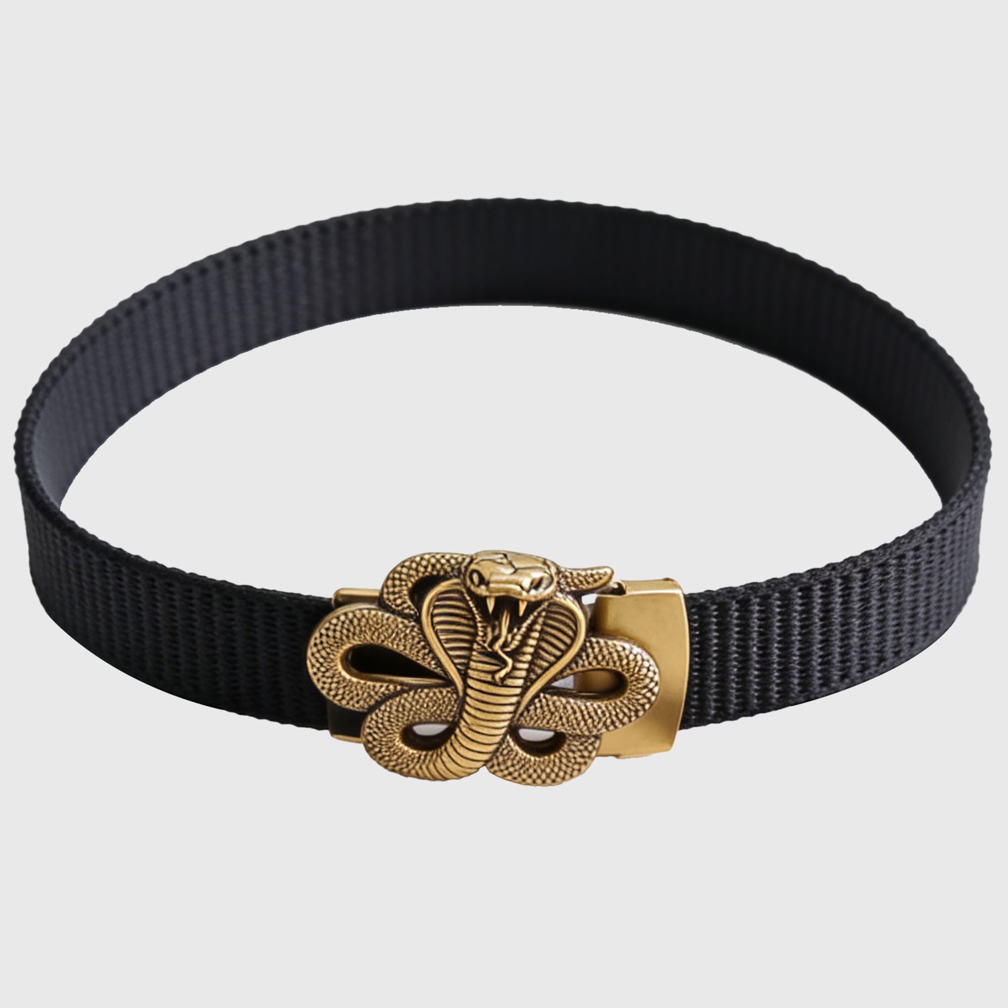 Anna-Kaci Women's Nylon Belt with Gold Cobra Buckle - Bold Statement Buckle Belt for Edgy Casual & Stylish Outfits