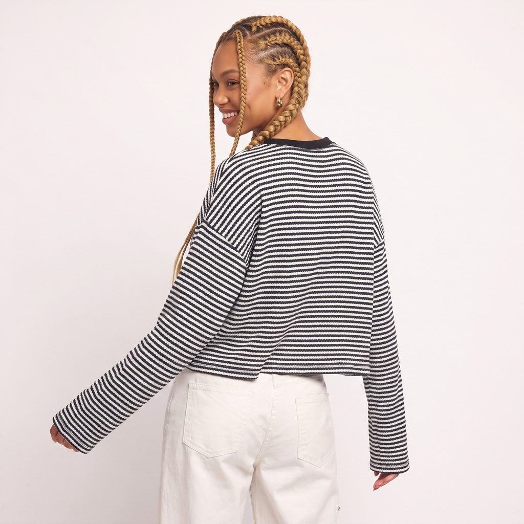 Striped Textured Knit Drop Shoulder Cropped Sweater