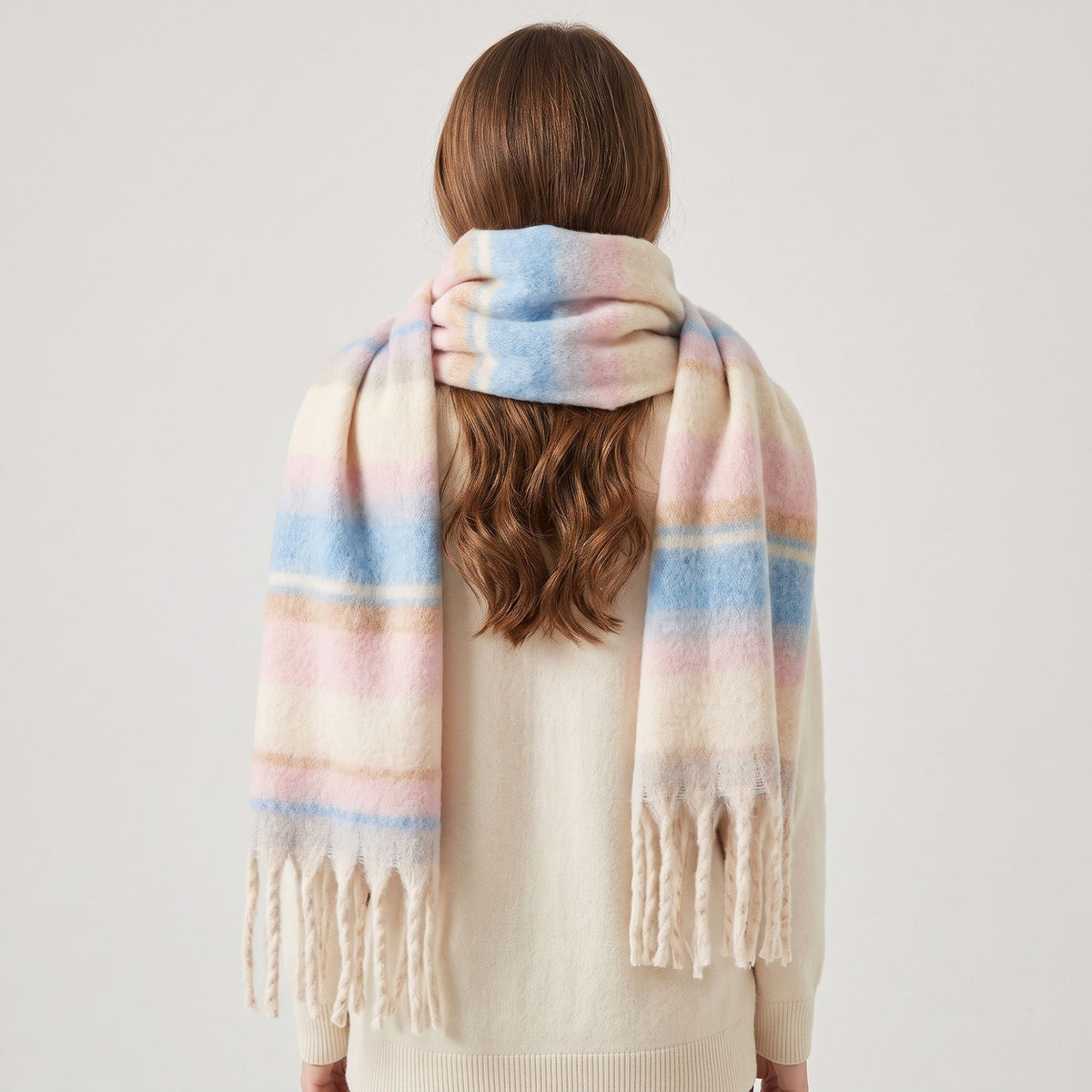 Oversized Plaid Scarf with Fringe Soft Brushed Winter Wrap