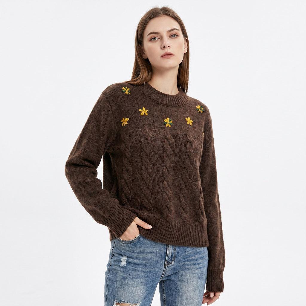 Floral Embroidered Cable Knit Crewneck Sweater