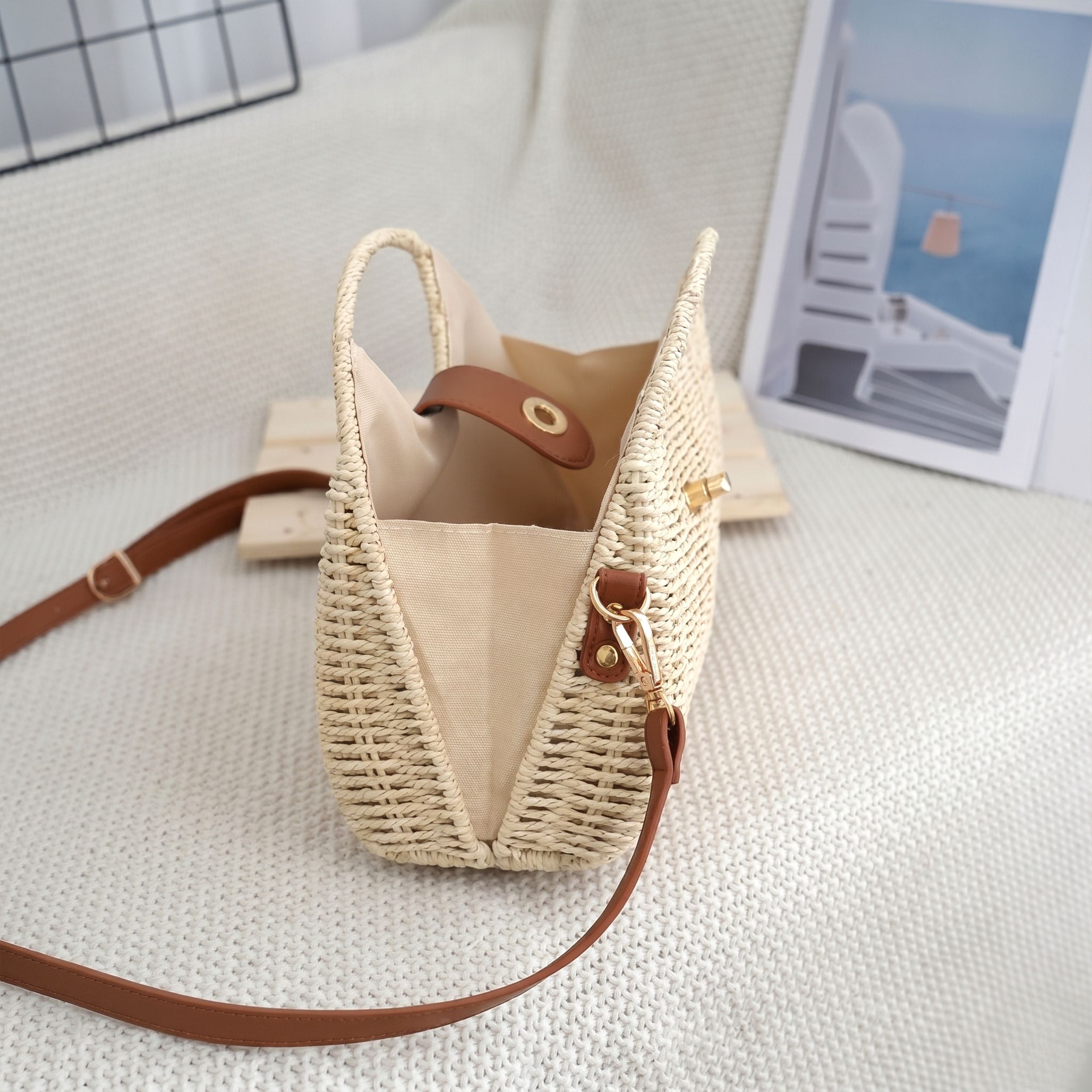 Woven Straw Crossbody Bag with Top Handle Adjustable Strap Crochet Handbag