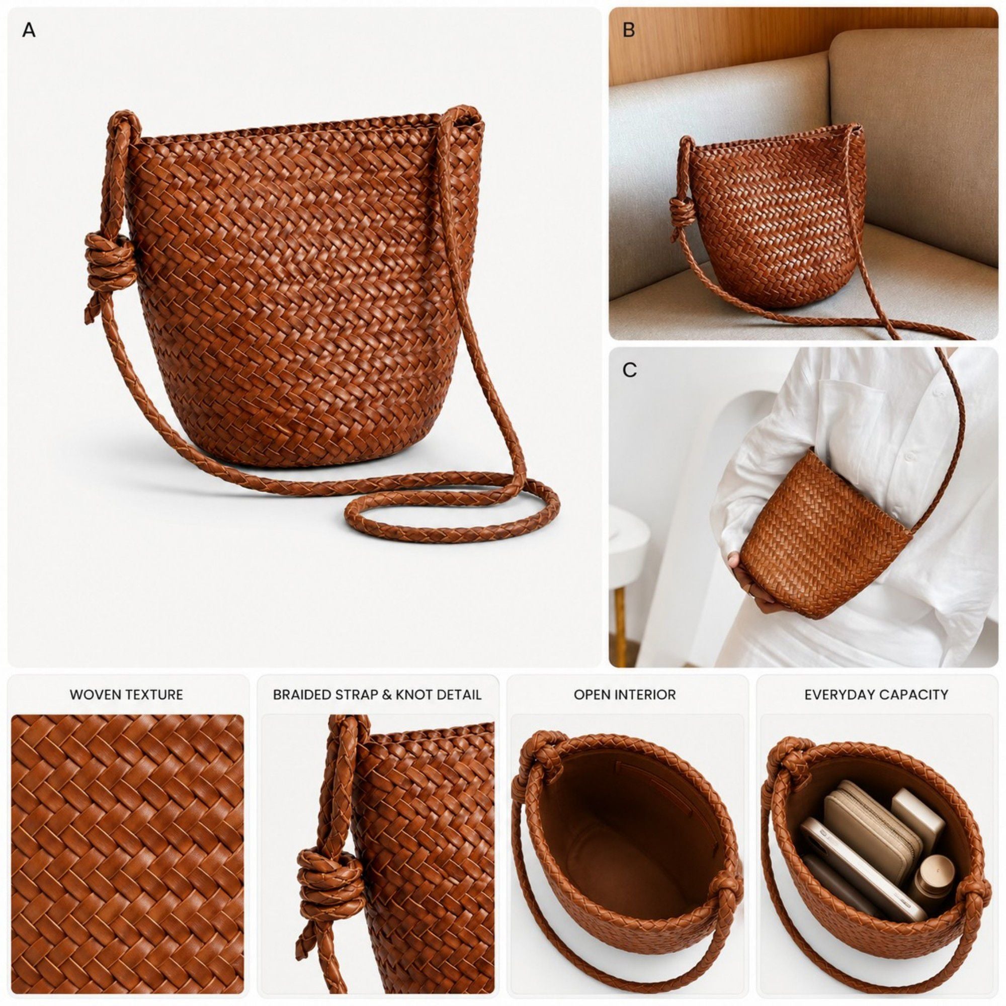 Woven Crossbody Bucket Bag - Stylish Summer Shoulder Purse for Vacation