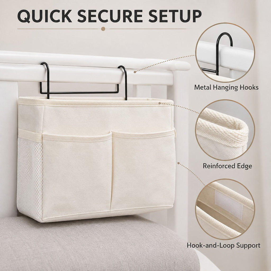 Hanging Bedside Storage Caddy with Hooks and Multiple Pockets Bed Rail Organizer