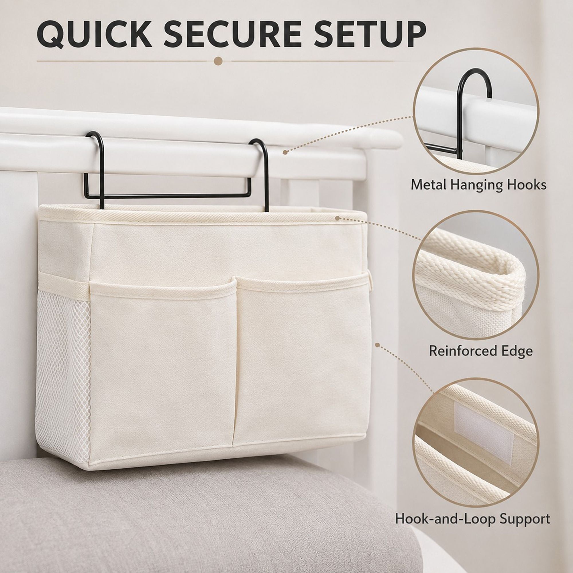 Hanging Bedside Storage Caddy with Hooks and Multiple Pockets Bed Rail Organizer