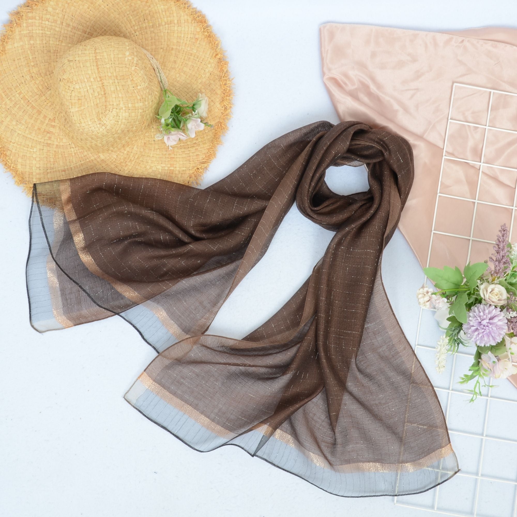 Anna-Kaci Women's Lightweight Sheer Scarf with Subtle Metallic Thread Detail Elegant Long Wrap Accessory