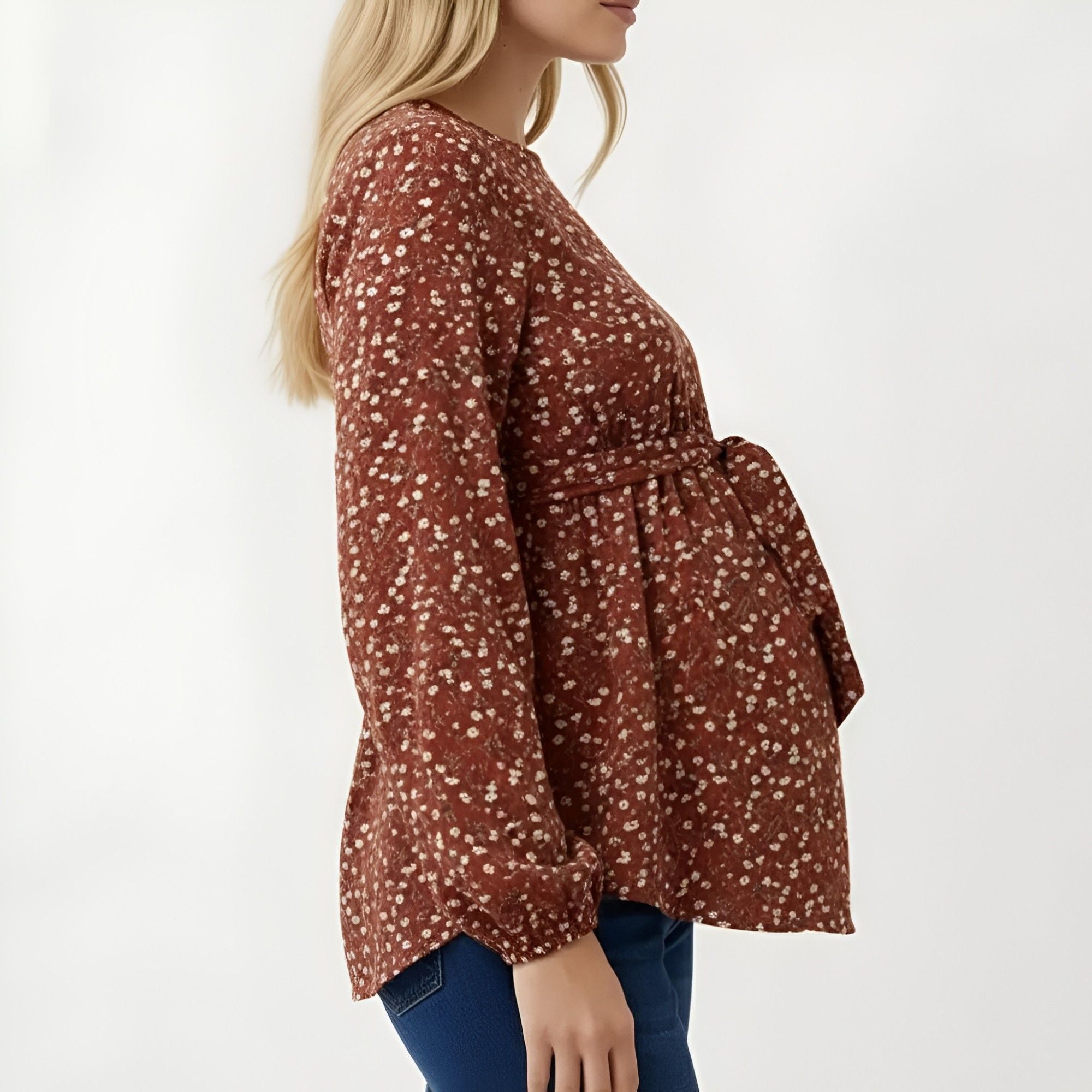 Anna-Kaci Women's Boho Floral Maternity Blouse - Flowy Peplum Long Sleeve Babydoll Top