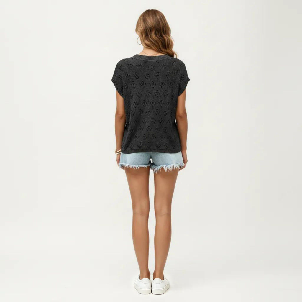 Anna-Kaci Women's Short Sleeve Knit Top with Floral Eyelet Pattern and Ribbed Crew Neck