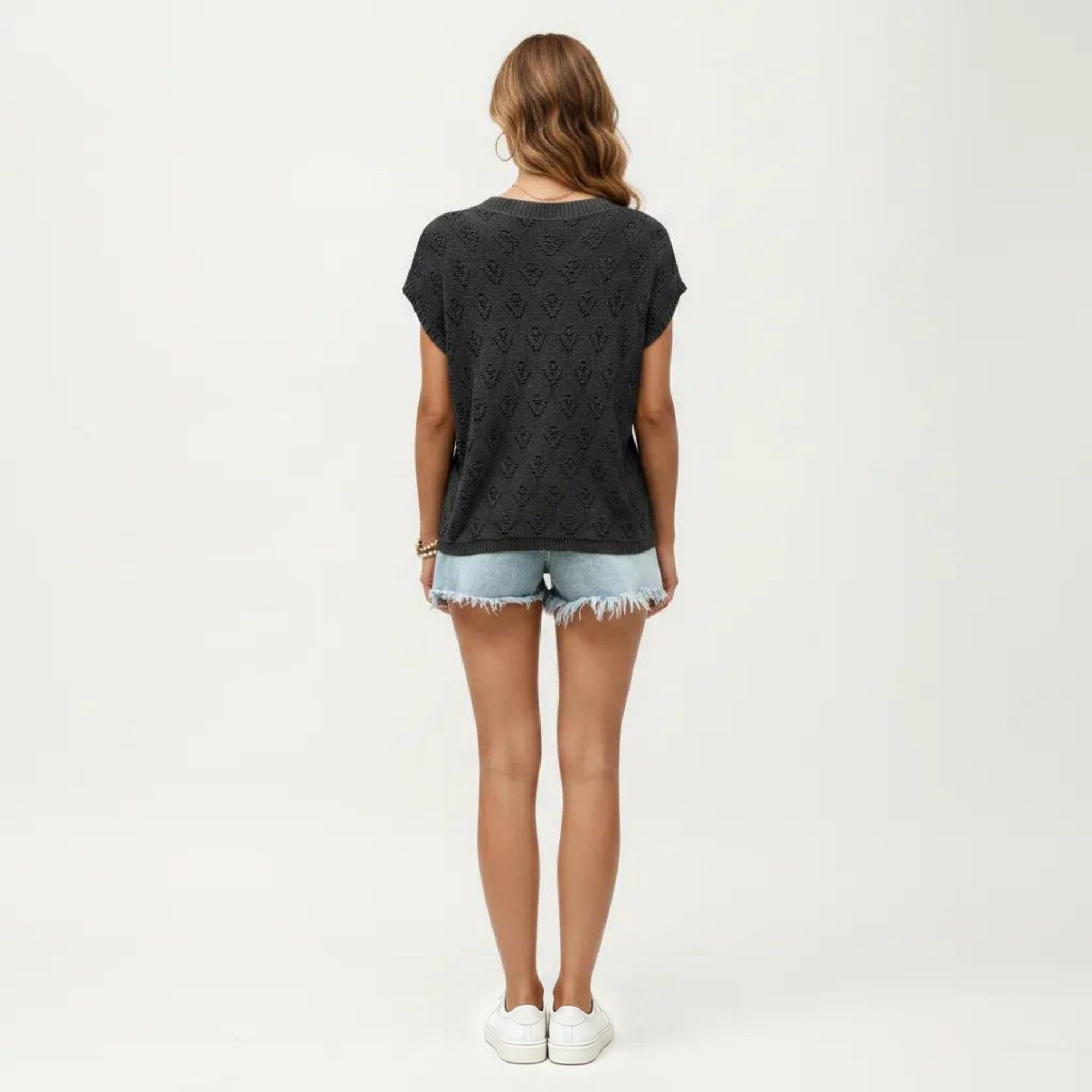 Anna-Kaci Women's Short Sleeve Knit Top with Floral Eyelet Pattern and Ribbed Crew Neck