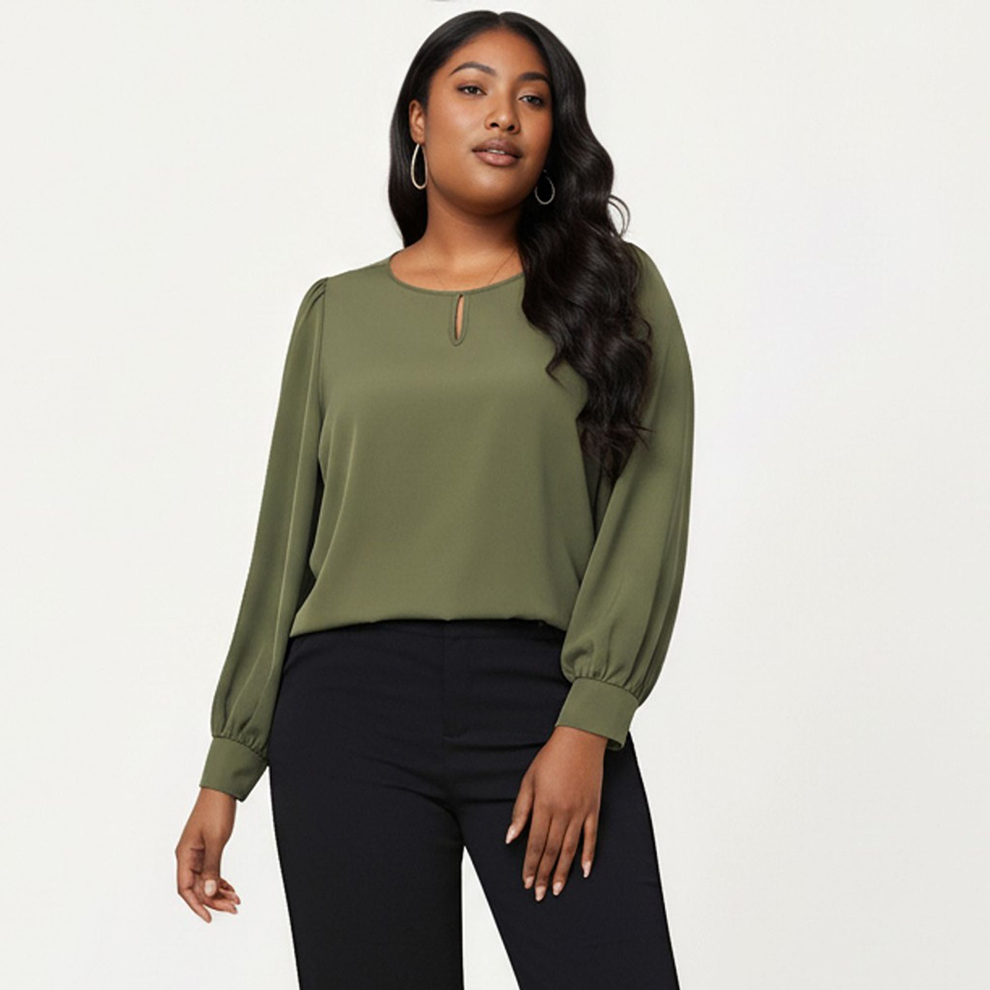 Anna-Kaci Women's Plus Size Long Sleeve Keyhole Neck Pullover Blouse with Soft Draped Fabric and Relaxed Fit