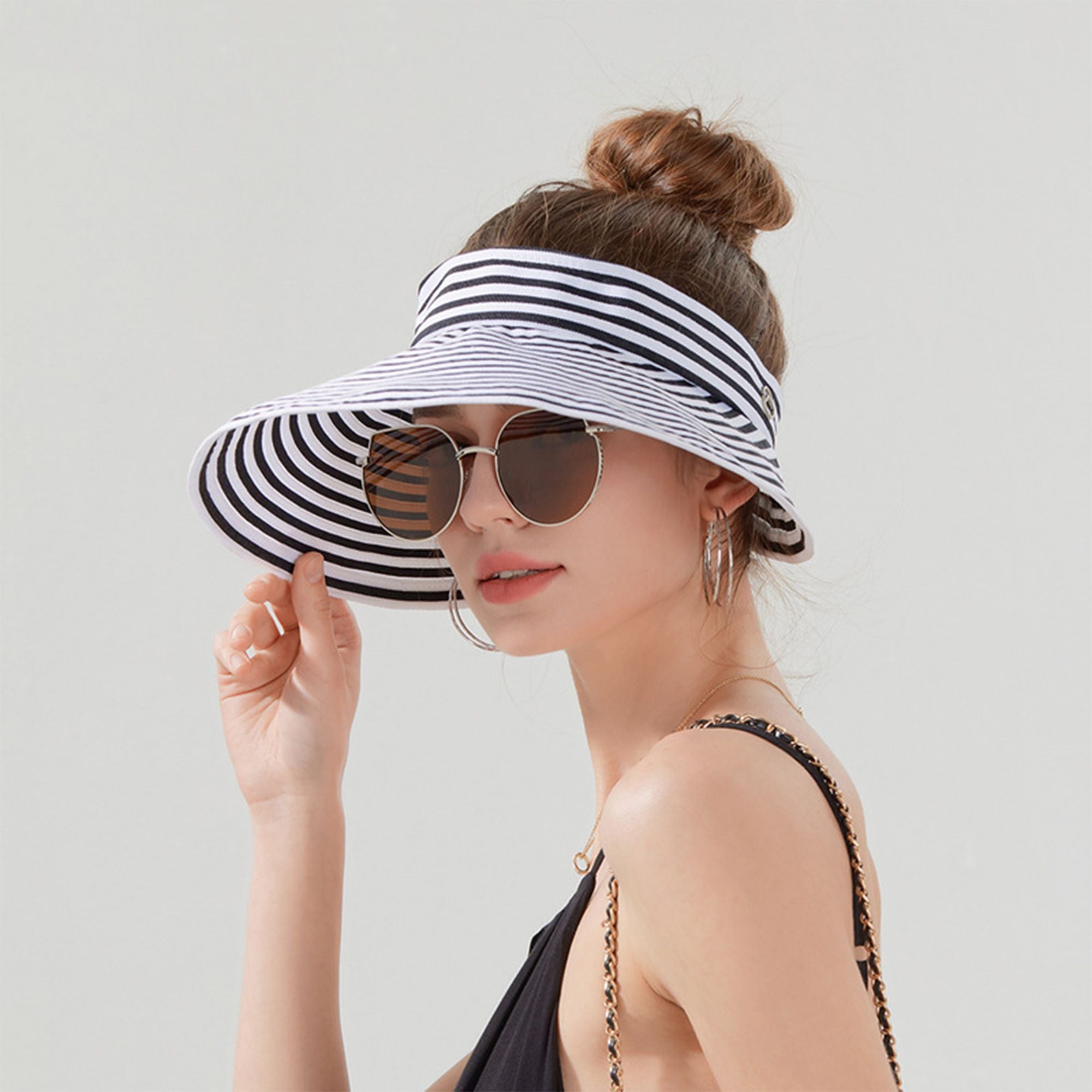 Anna-Kaci Striped Wide Brim Sun Visor Hat Lightweight Foldable Design for Outdoor Travel Beach Hiking Sports Vacations
