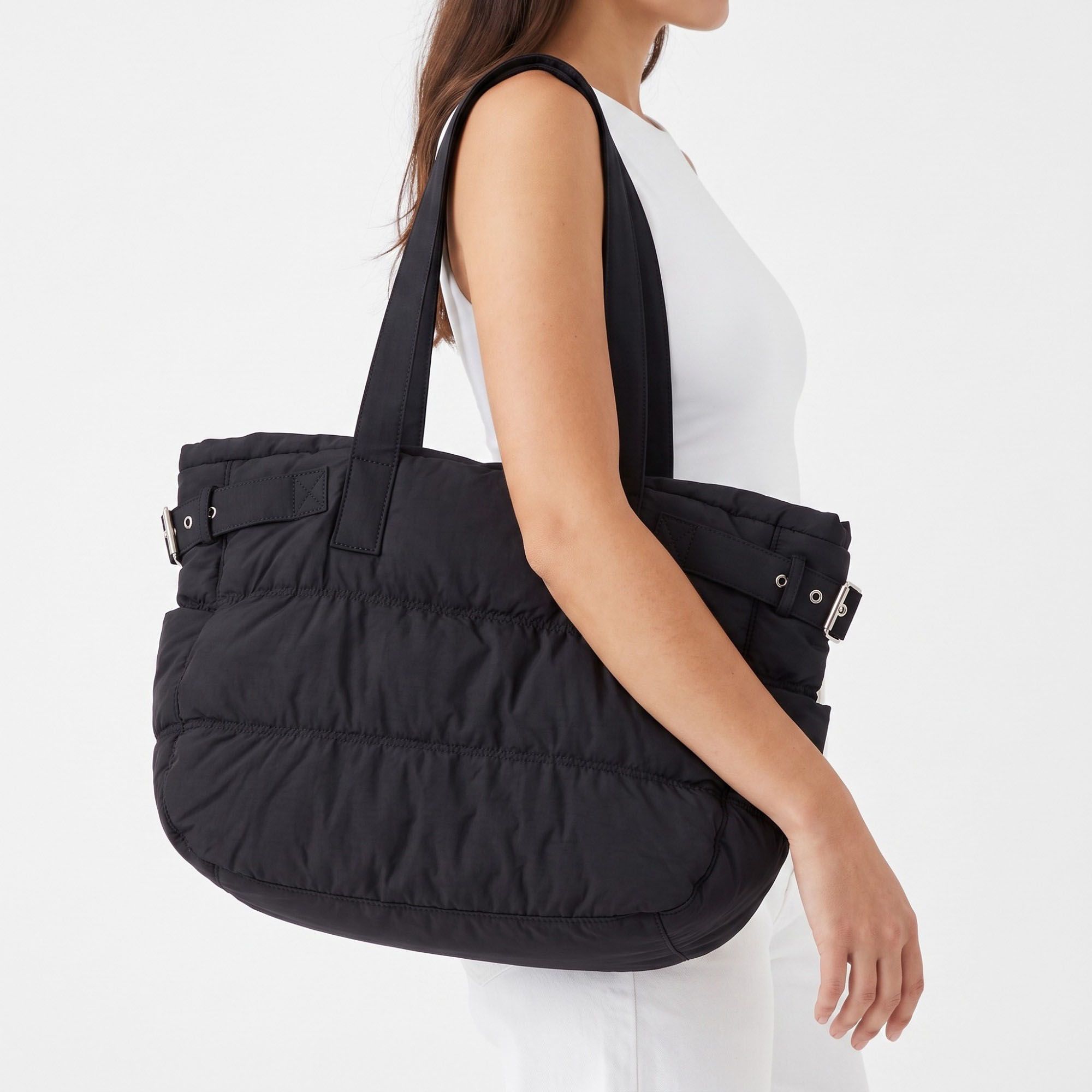 Oversized Puffer Tote Bag with Long Shoulder Straps and Side Buckle Details 13.5x14x4.5in