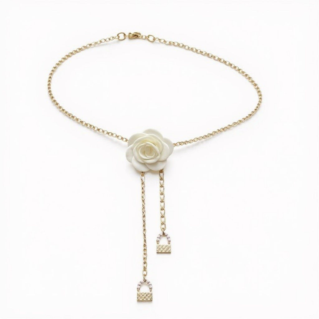 Anna-Kaci Women's Rose Flower Chain Belt with Hanging Lock Charms and Adjustable Drape Design 45.5in