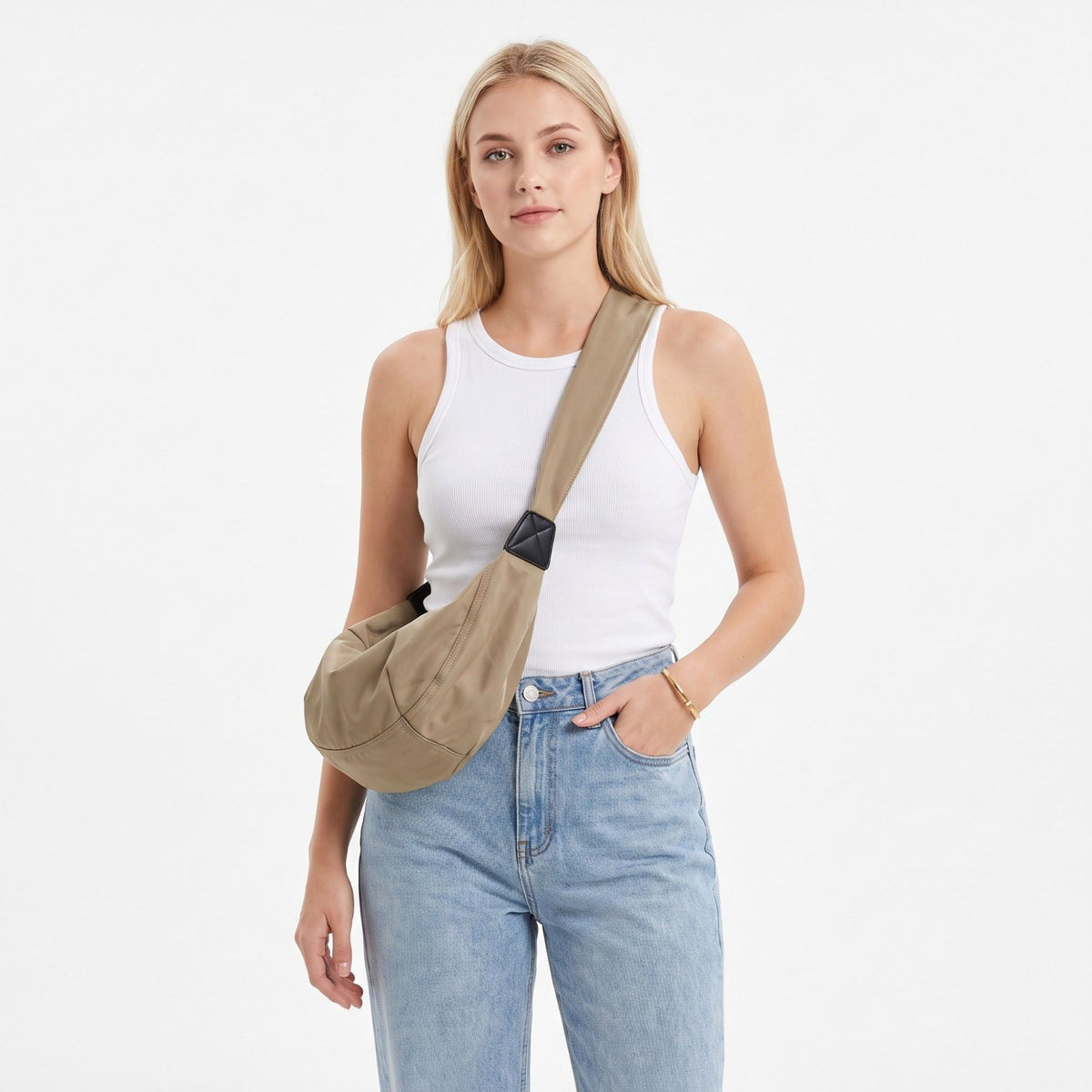 Nylon Crescent Shoulder Bag with Adjustable Strap and Double Zip Closure