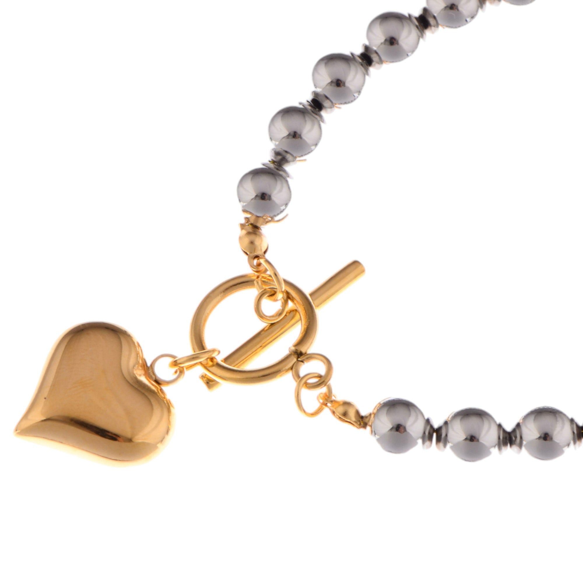 Silver Beaded Fashion Bracelet with Gold Heart Charm and Toggle Clasp