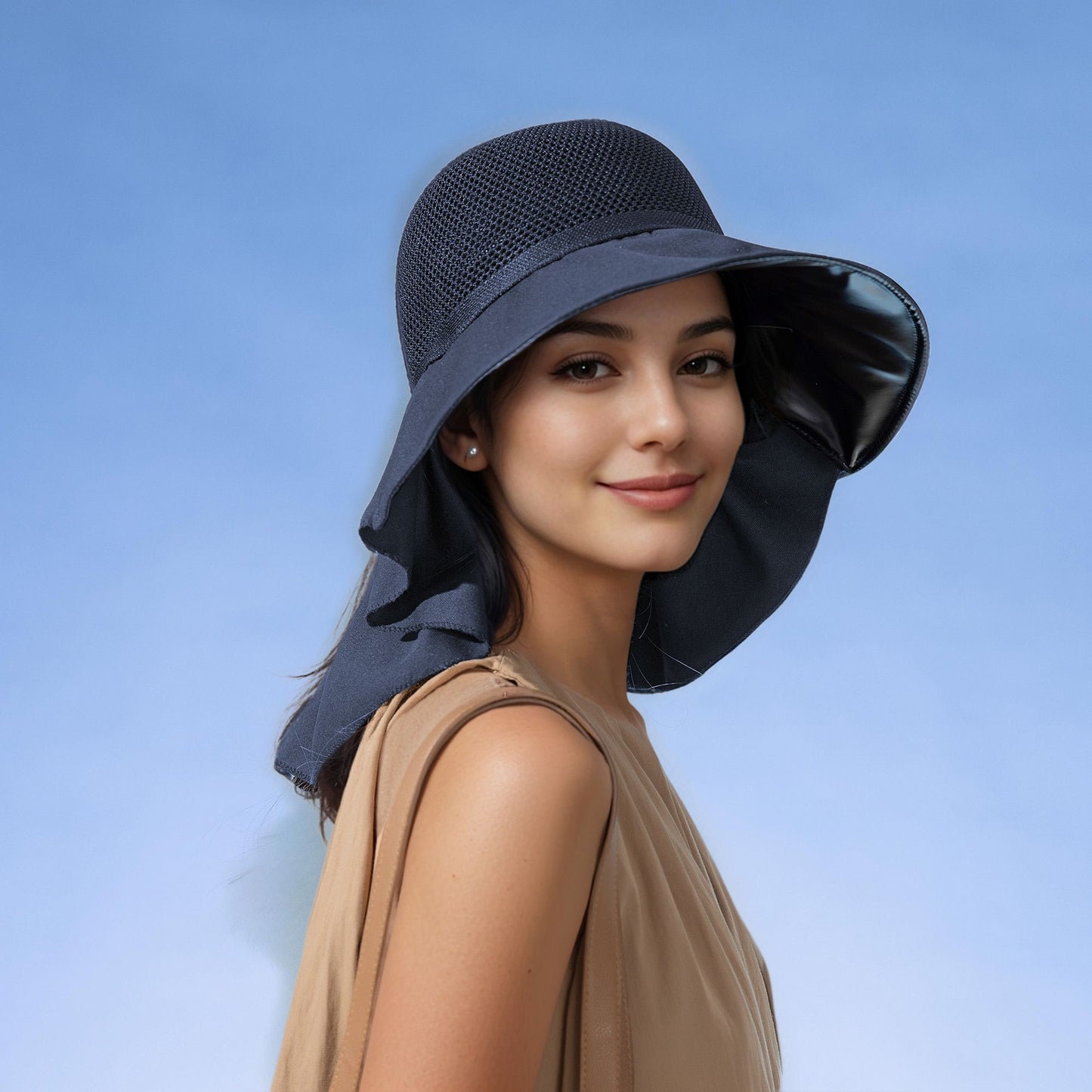 Anna-Kaci Womens Mesh Panel Wide Brim Sun Hat with Back Flap UV Protection and Tie Detail for Outdoor Activities