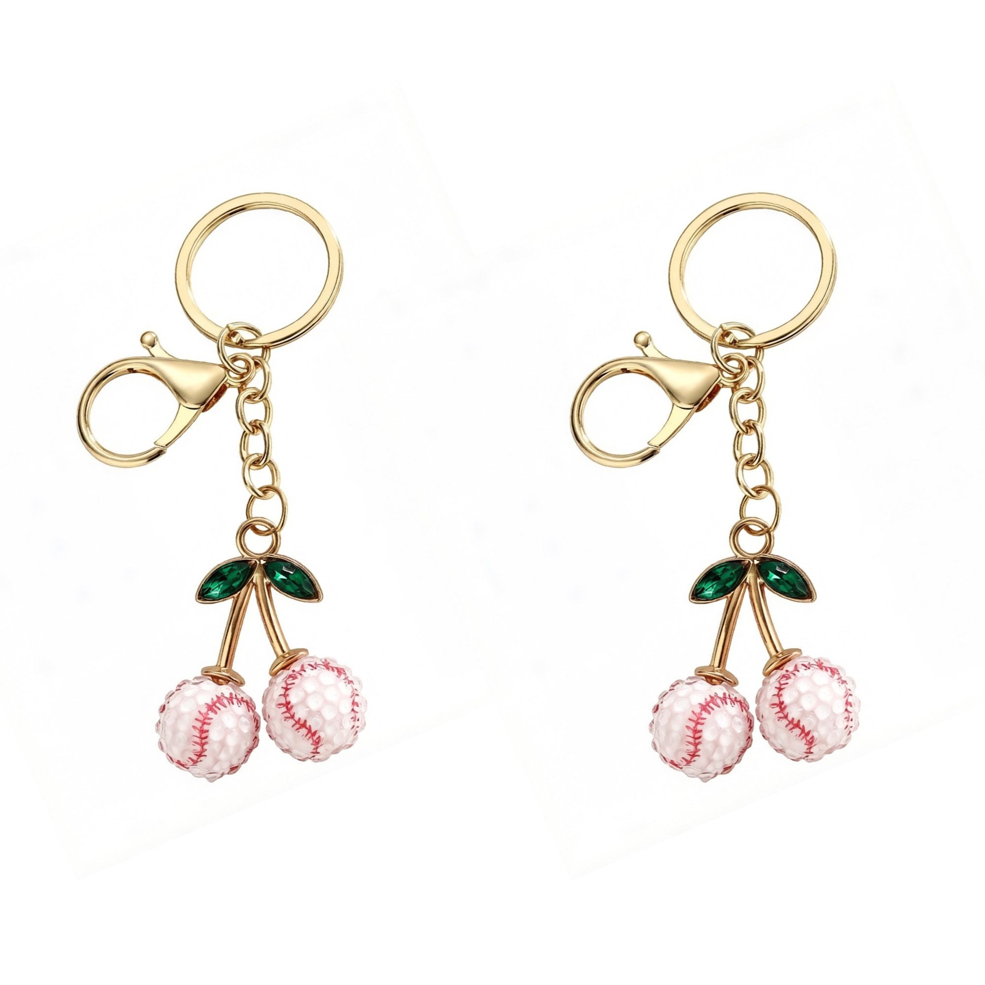 2 Pack Sports Ball Cherry Keychains with Gold Tone Clip and Leaf Charm