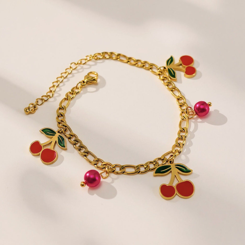 Cherry Charm Bracelet with Double Chain Links and Playful Fruit-Themed Pendants for a Cute Whimsical Accessory Style