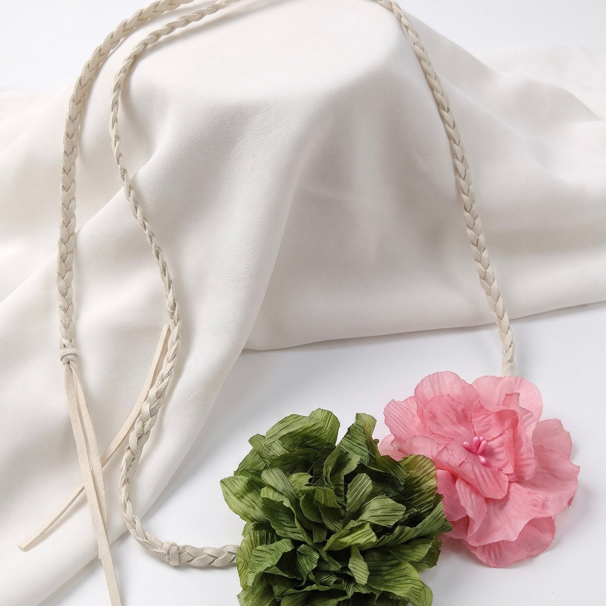 Dual Fabric Flower Braided Wrap Waist Belt Adjustable Floral Statement Waist Jewelry 43.3in