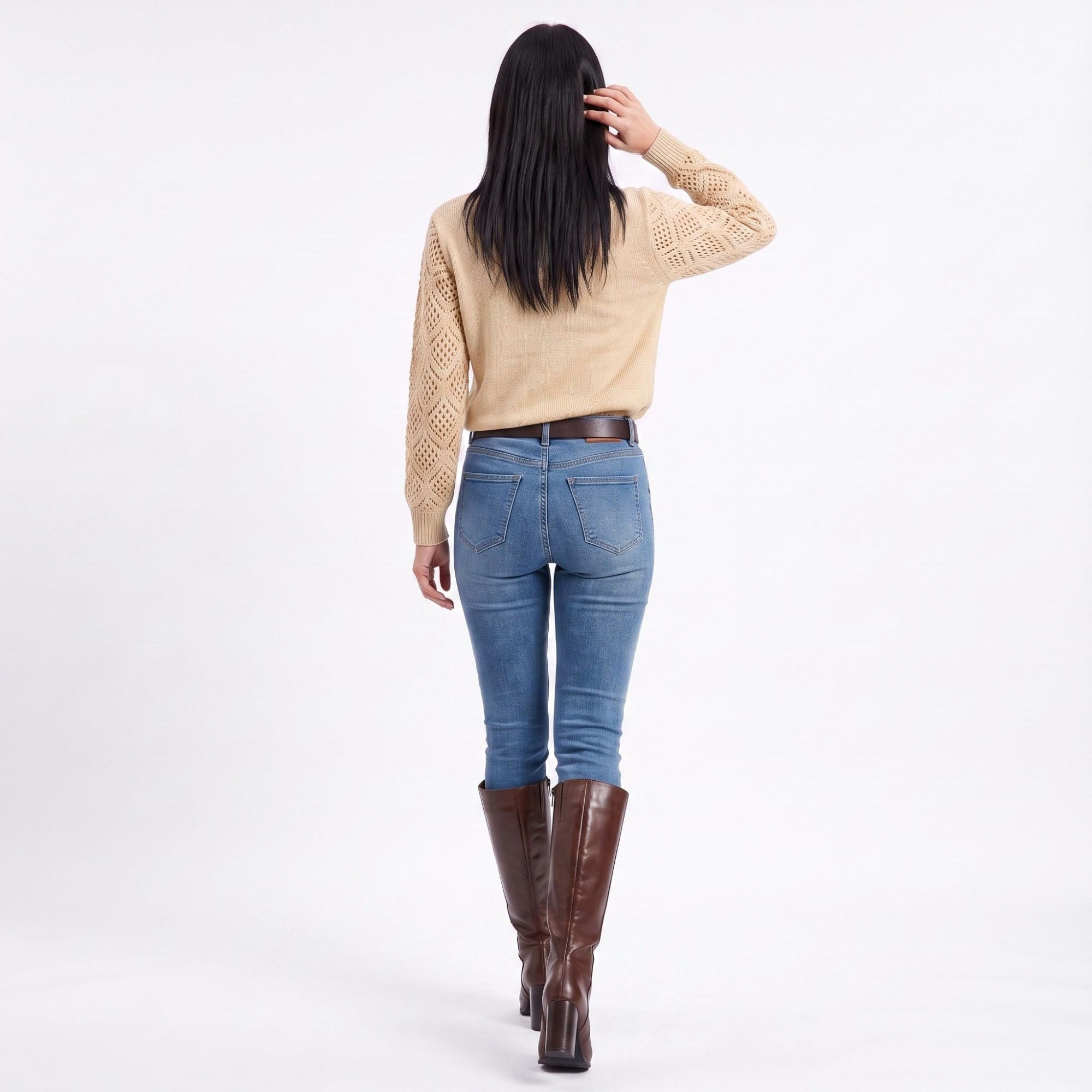 V-Neck Openwork Sleeve Long Sleeve Knit Sweater