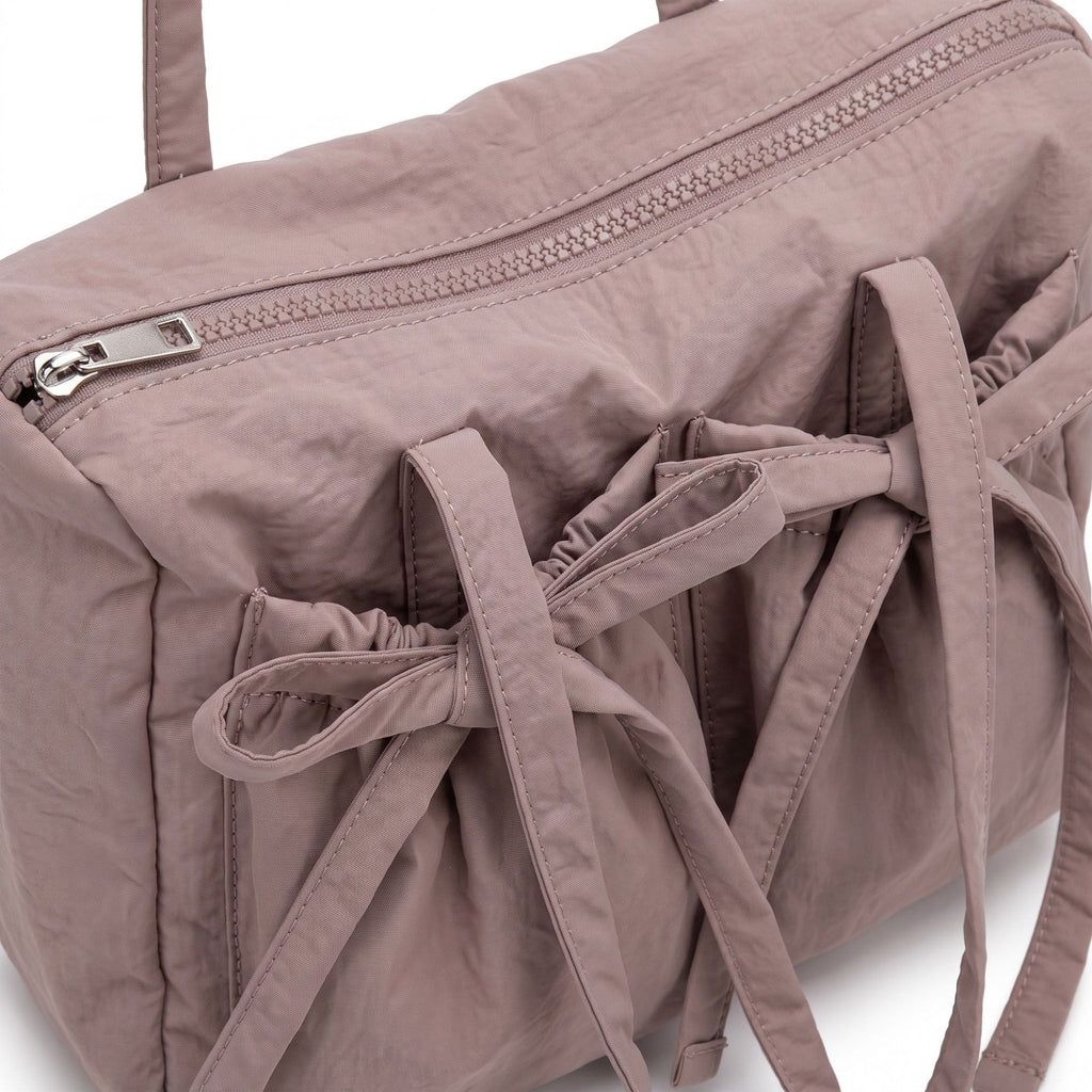 Multi-Pocket Shoulder Tote Bag with Bow-Tie Drawstrings and Top Zipper 11.5x9x5in