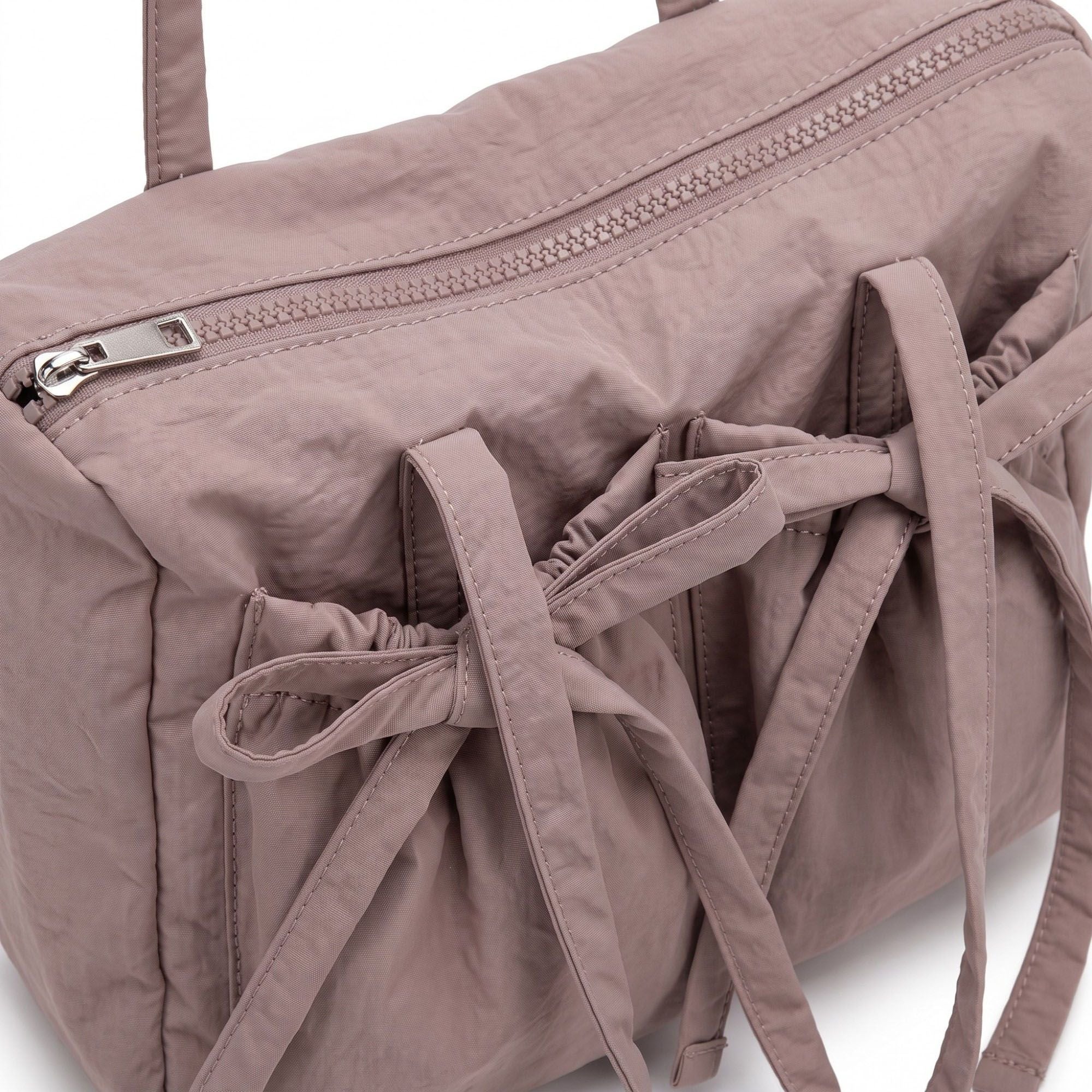 Multi-Pocket Shoulder Tote Bag with Bow-Tie Drawstrings and Top Zipper 11.5x9x5in