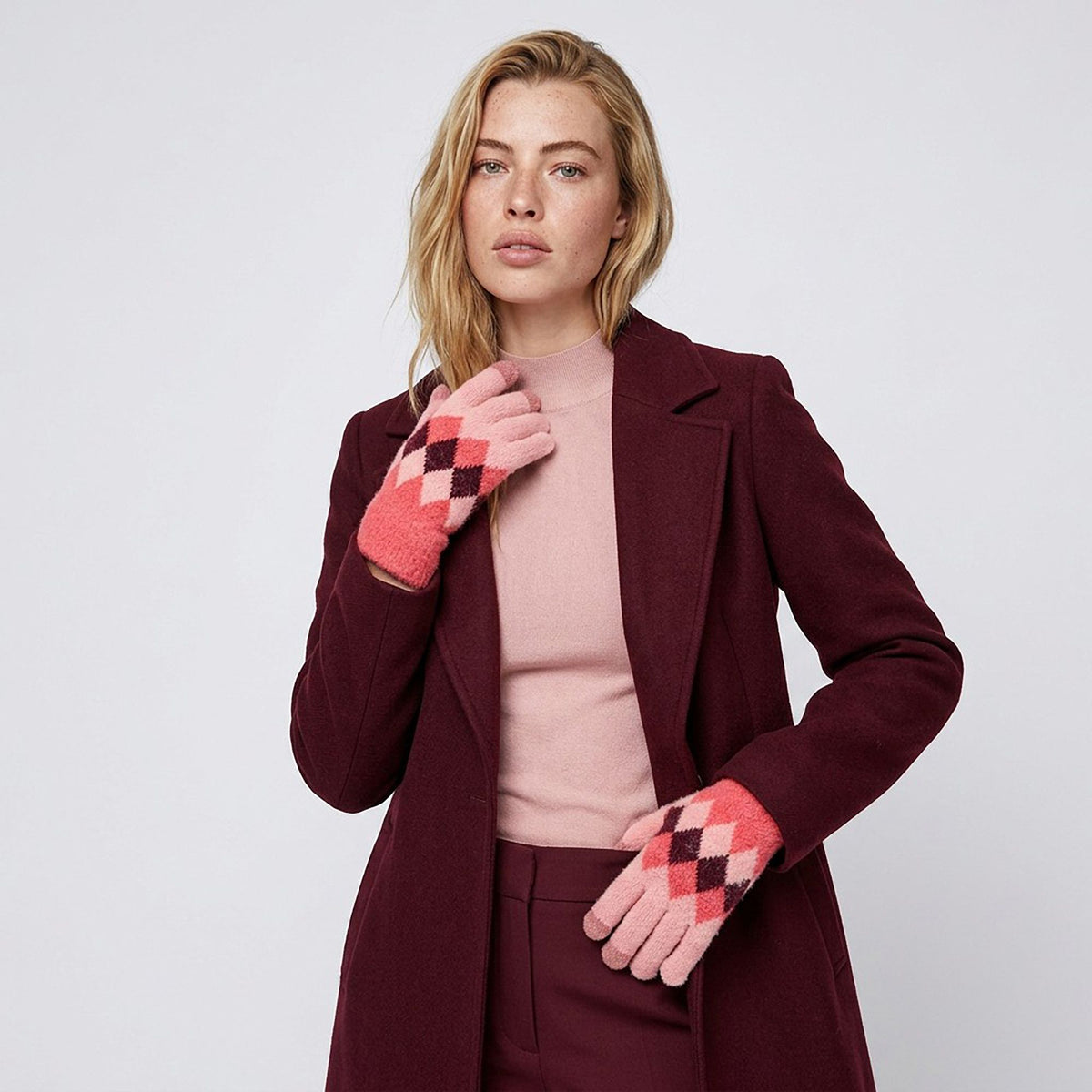 Fuzzy Argyle Touchscreen Gloves for Cold Weather