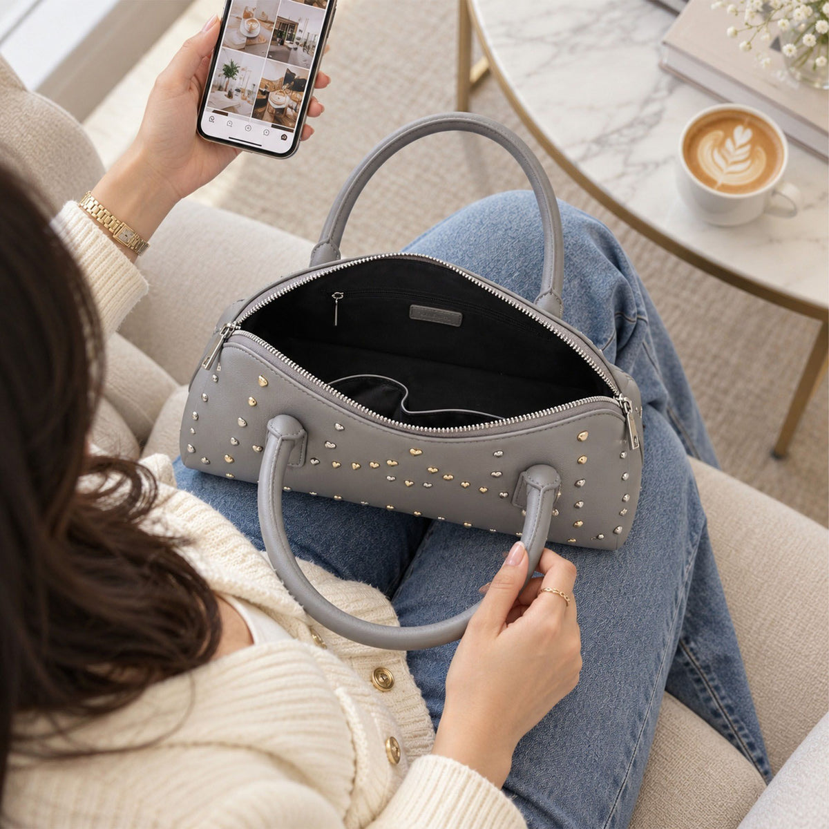 Studded Satchel Handbag with Long Handles Zip Closure and Interior Pocket