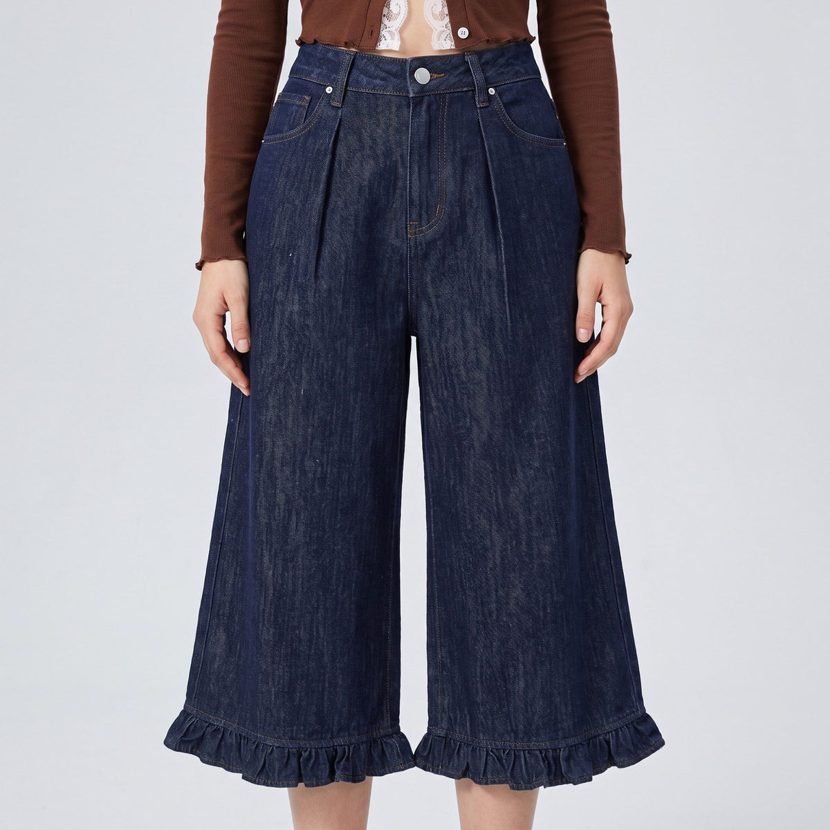 High-Waisted Dark Wash Ruffle Hem Cropped Wide-Leg Denim Trousers