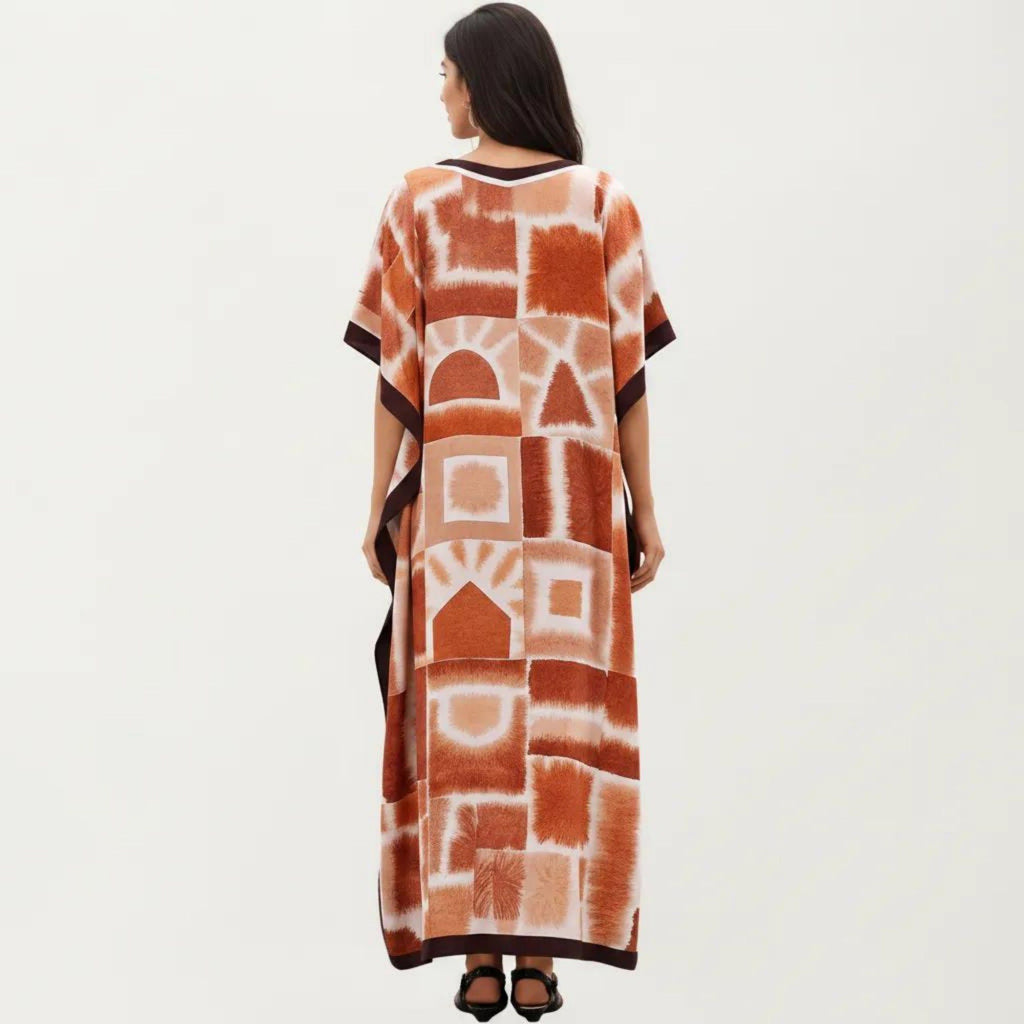 Anna-Kaci Women's Abstract Print Maxi Caftan Dress with V-Neckline Short Sleeves and Relaxed Draped Silhouette